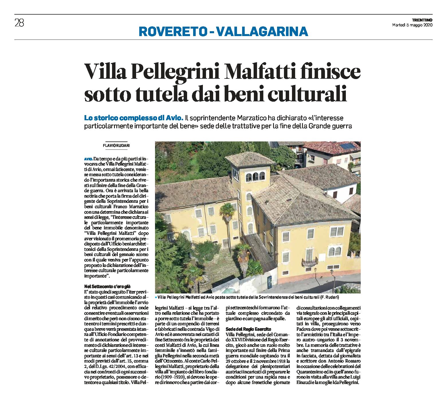 Avio, villa Pellegrini Malfatti: posta sotto tutela