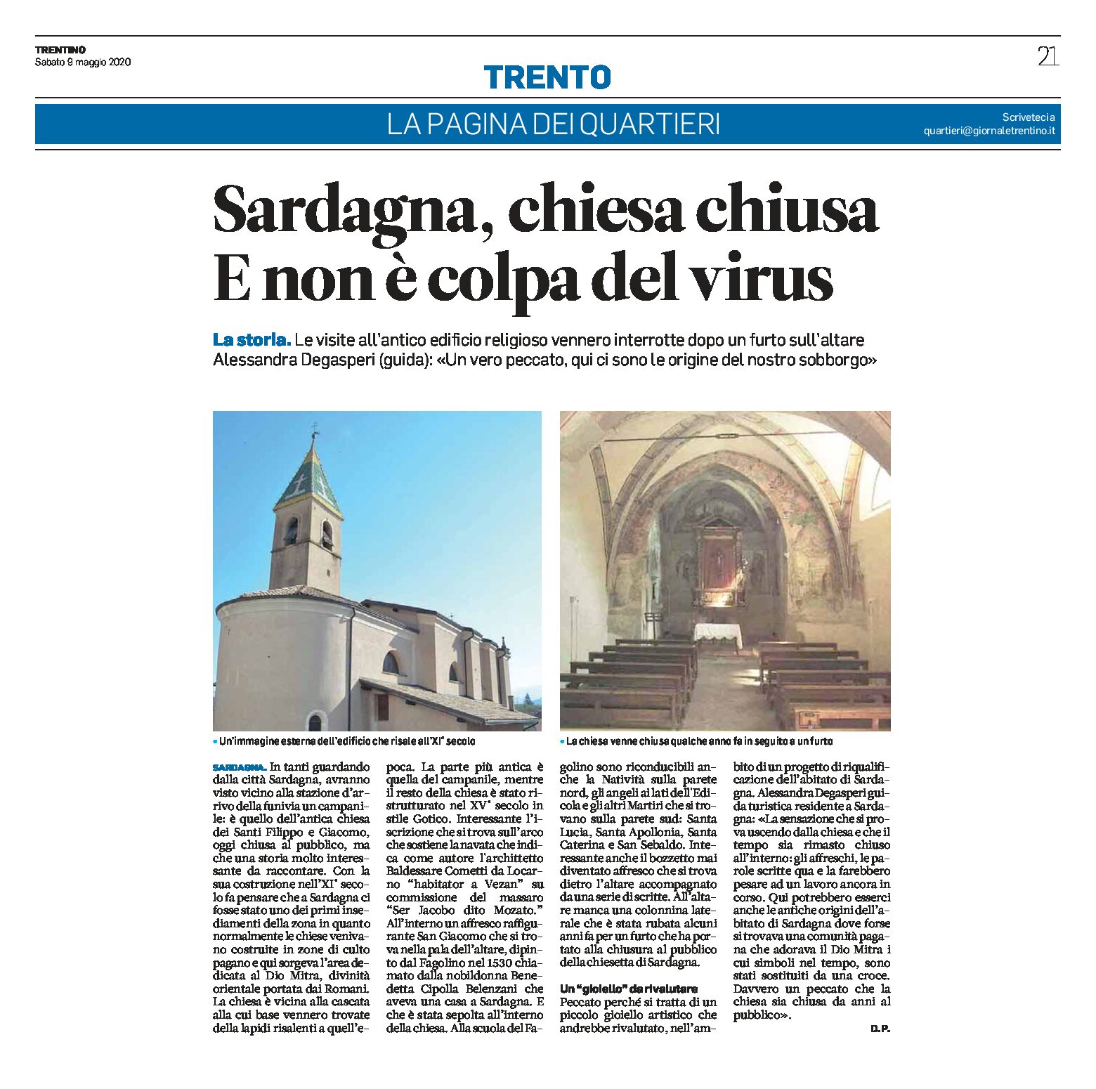 Sardagna: chiesa chiusa e non è colpa del virus