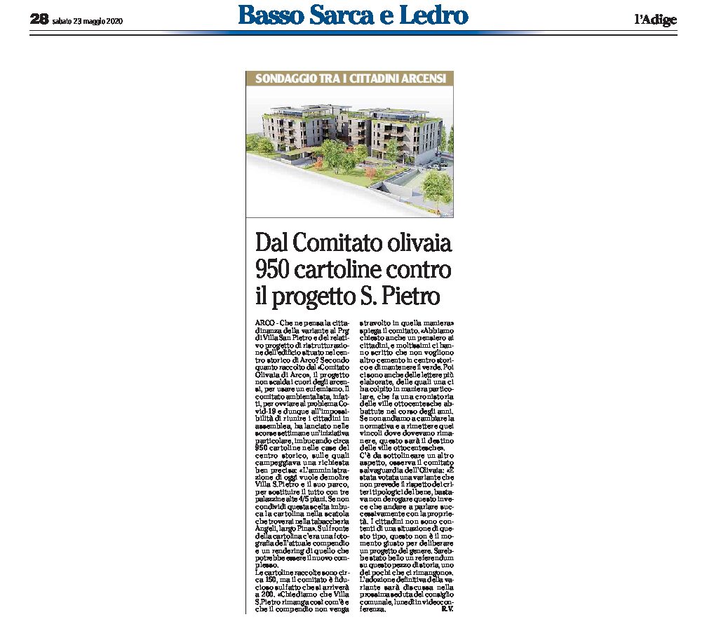 Arco, villa San Pietro: dal Comitato olivaia 950 cartoline contro il progetto