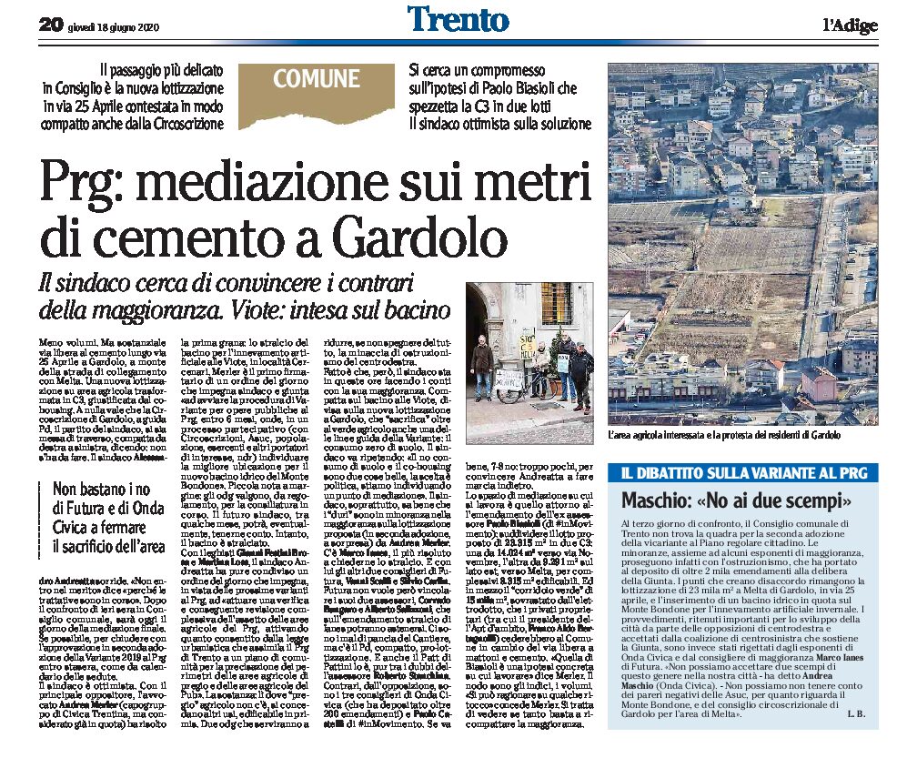 Trento, Prg: mediazione sui metri di cemento a Gardolo
