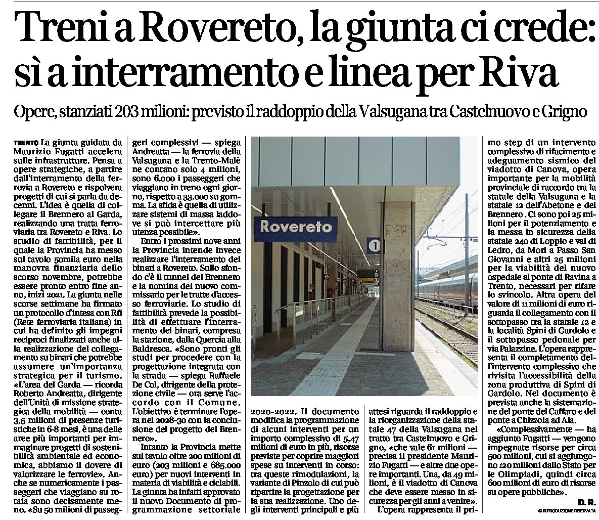 Treni a Roverto, la giunta ci crede: sì a interramento e linea per Riva