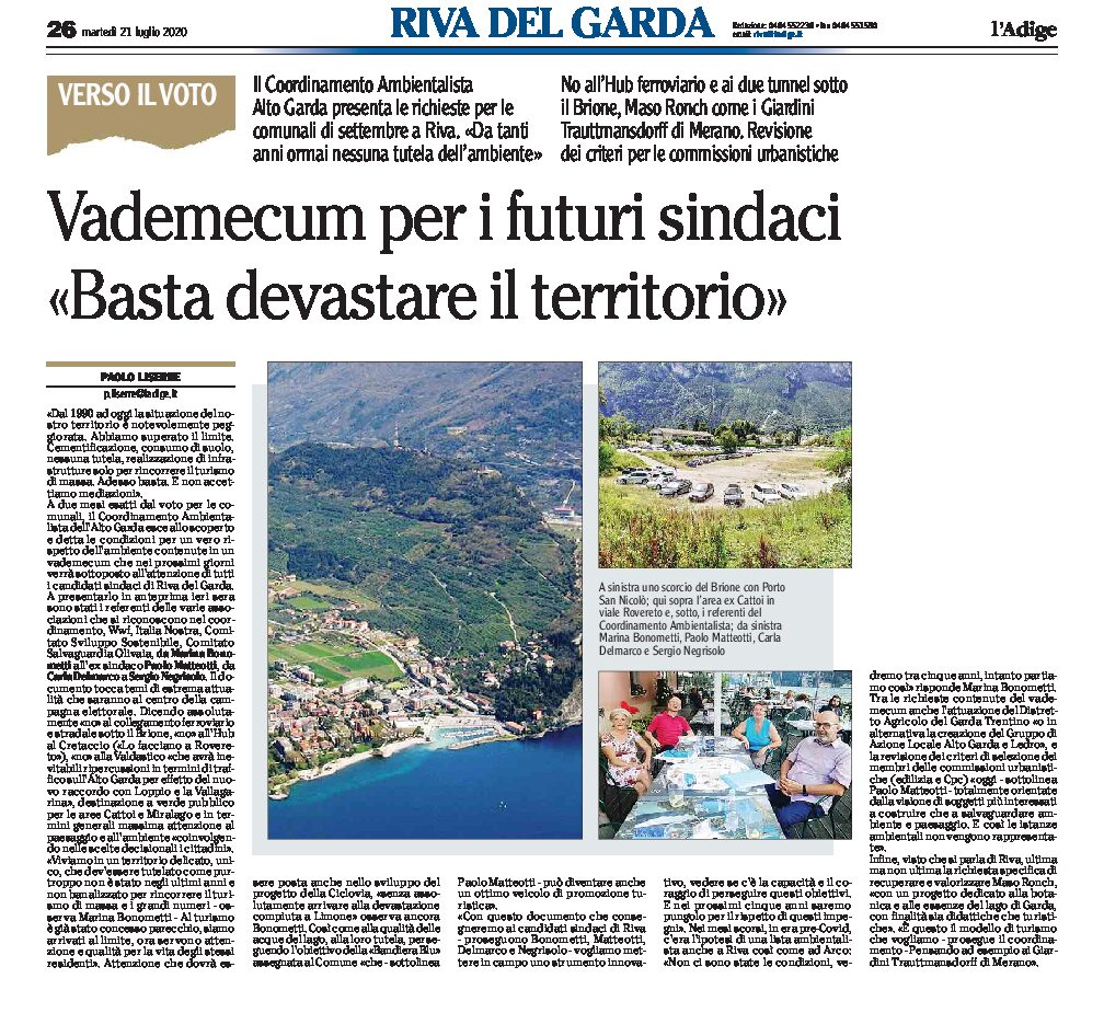 Il Coordinamento Ambientalista Alto Garda presenta il vademecum per i futuri sindaci di Riva
