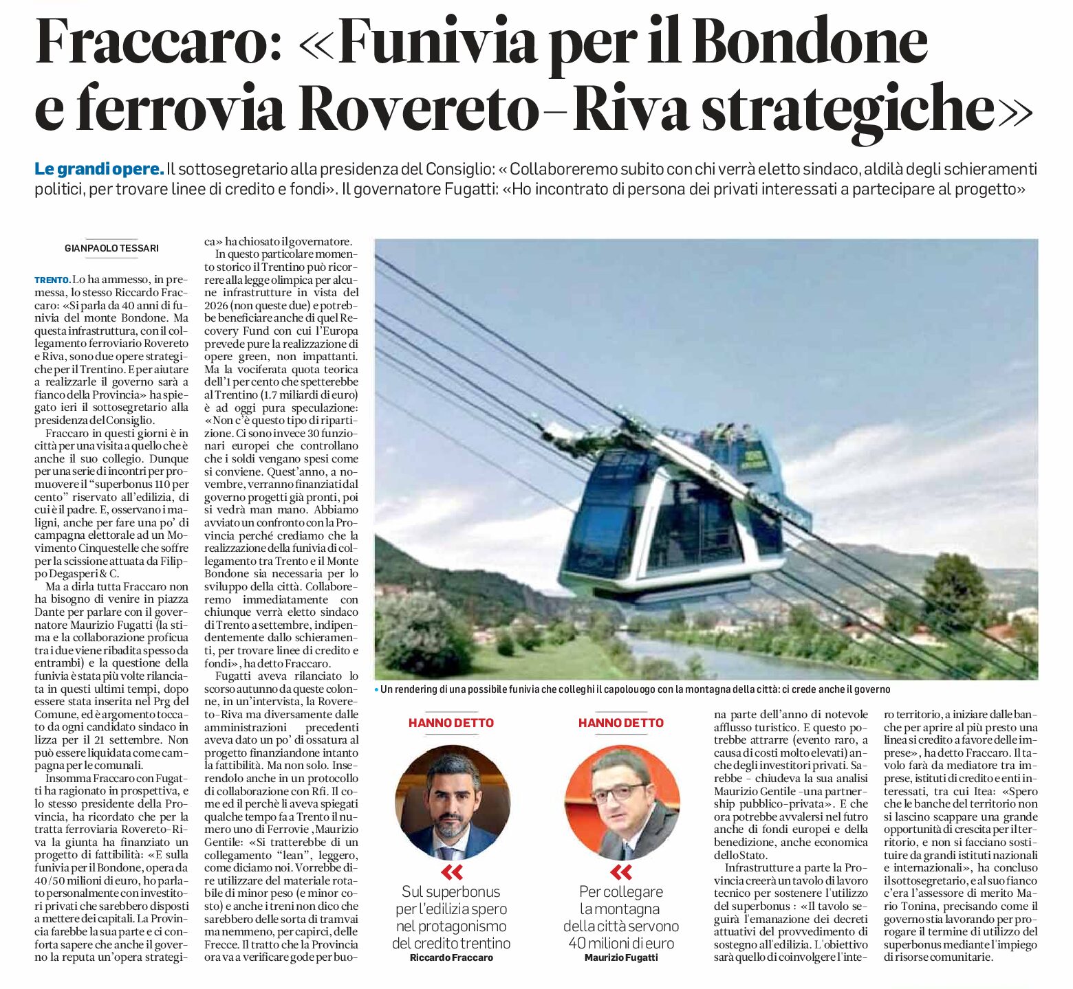Fraccaro “funivia per il Bondone e ferrovia Rovereto-Riva, 2 opere strategiche per il Trentino”