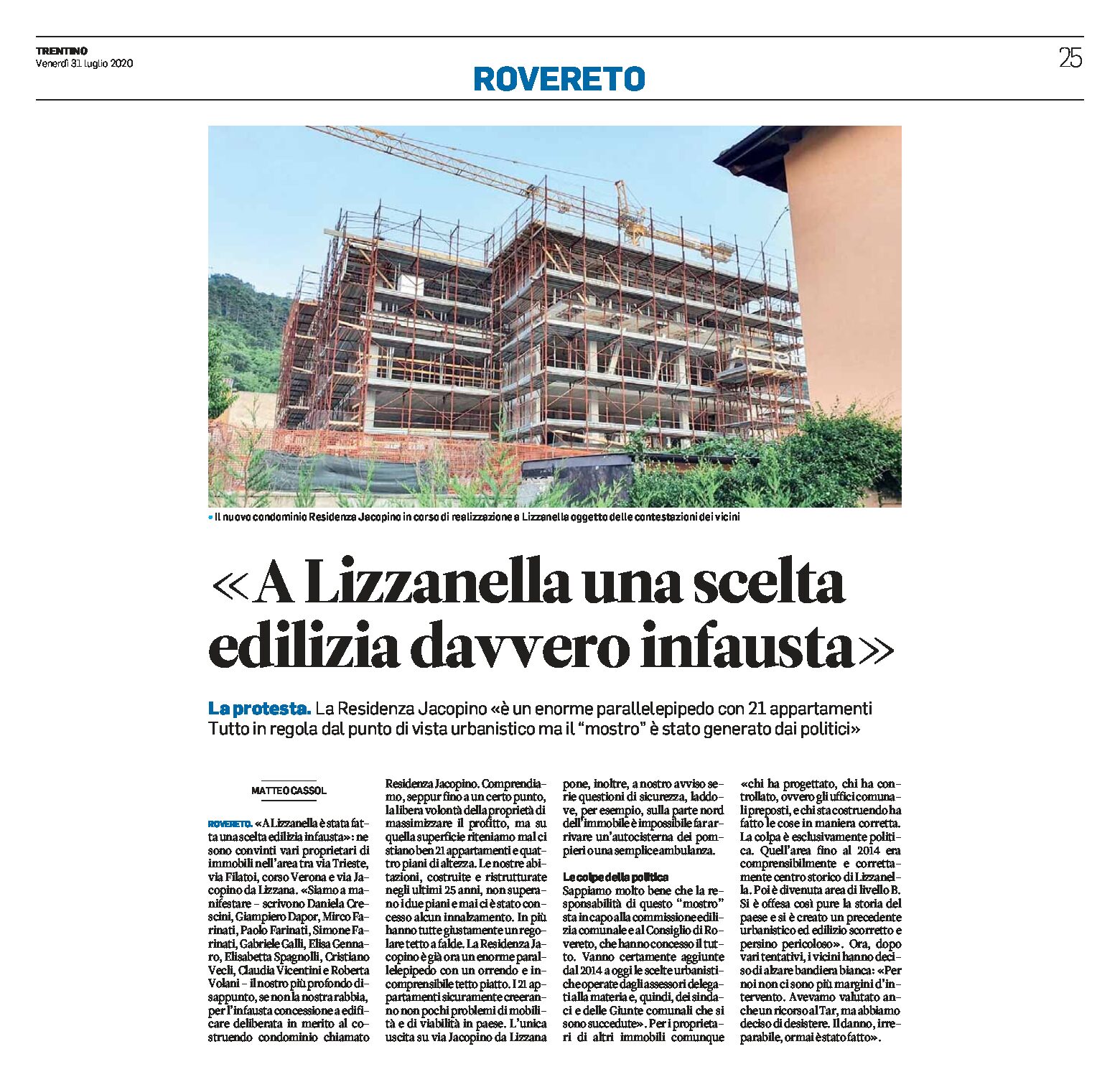 Lizzanella: la Residenza Jacopino, una scelta edilizia davvero infausta