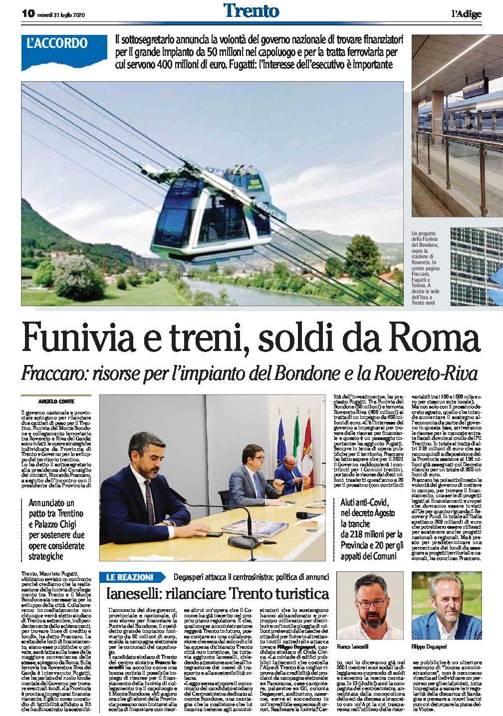 Fraccaro, soldi da Roma: per la funivia del Bondone e i treni Rovereto-Riva