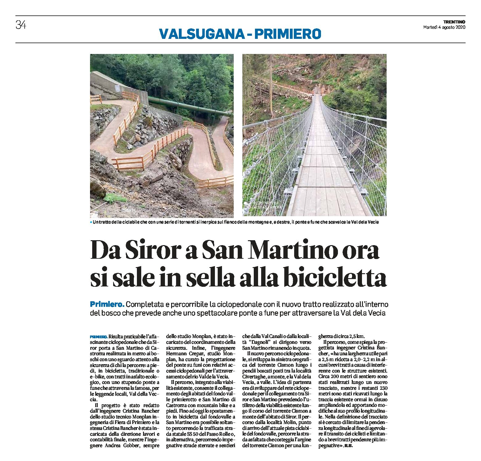Nuova ciclopedonale: da Siror a San Martino si sale in bicicletta