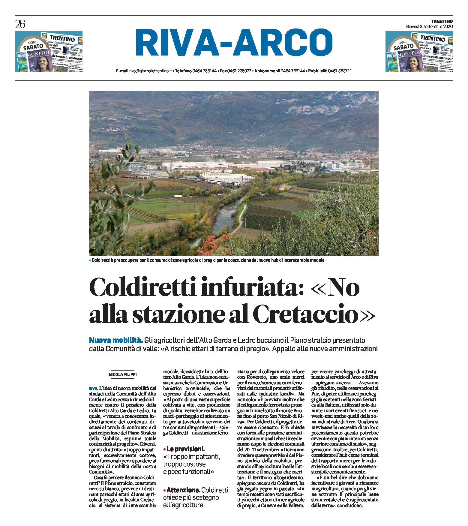Riva: Coldiretti infuriata “no alla stazione al Cretaccio”. A rischio ettari di terreno di pregio
