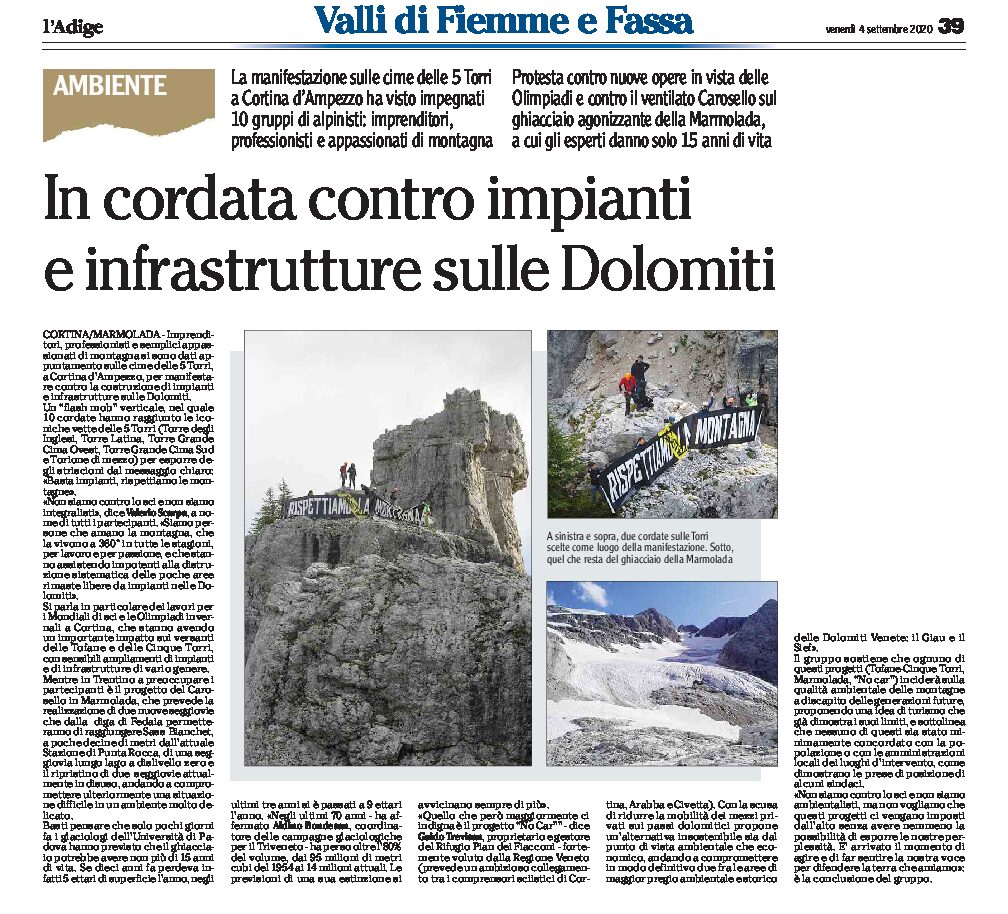 Cortina: in cordata per manifestare contro impianti e infrastrutture sulle Dolomiti