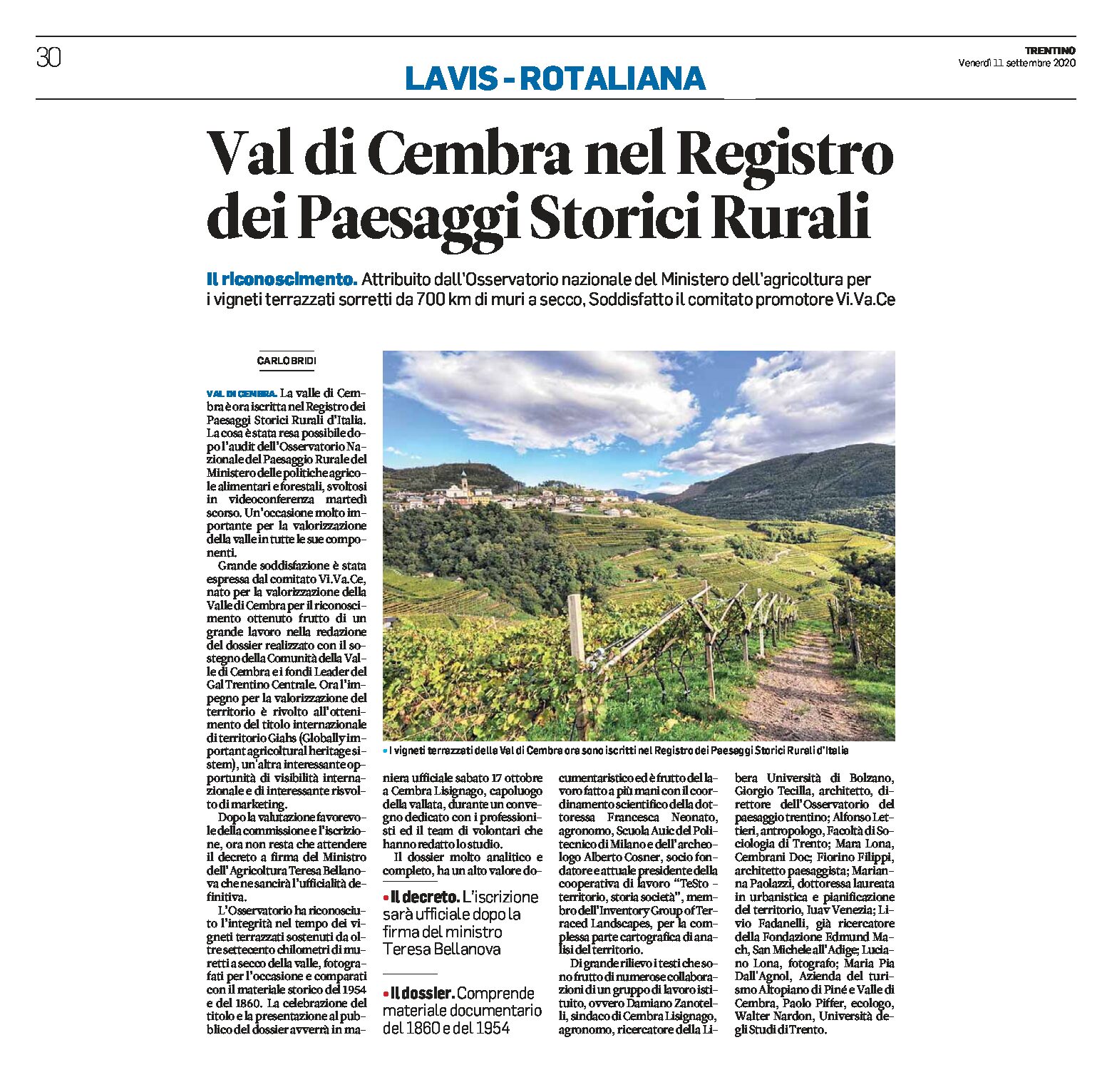 Val di Cembra: è iscritta nel Registro dei Paesaggi Storici Rurali