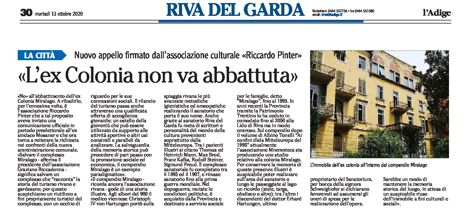 Riva: l’ex Colonia Miralago non va abbattuta. Nuovo appello firmato dall’associazione Riccardo Pinter