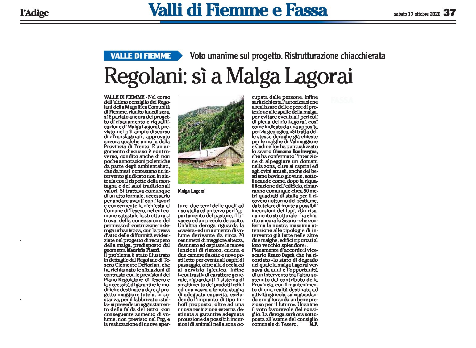 Valle di Fiemme: Regolani, sì a Malga Lagorai. Voto unanime sul progetto