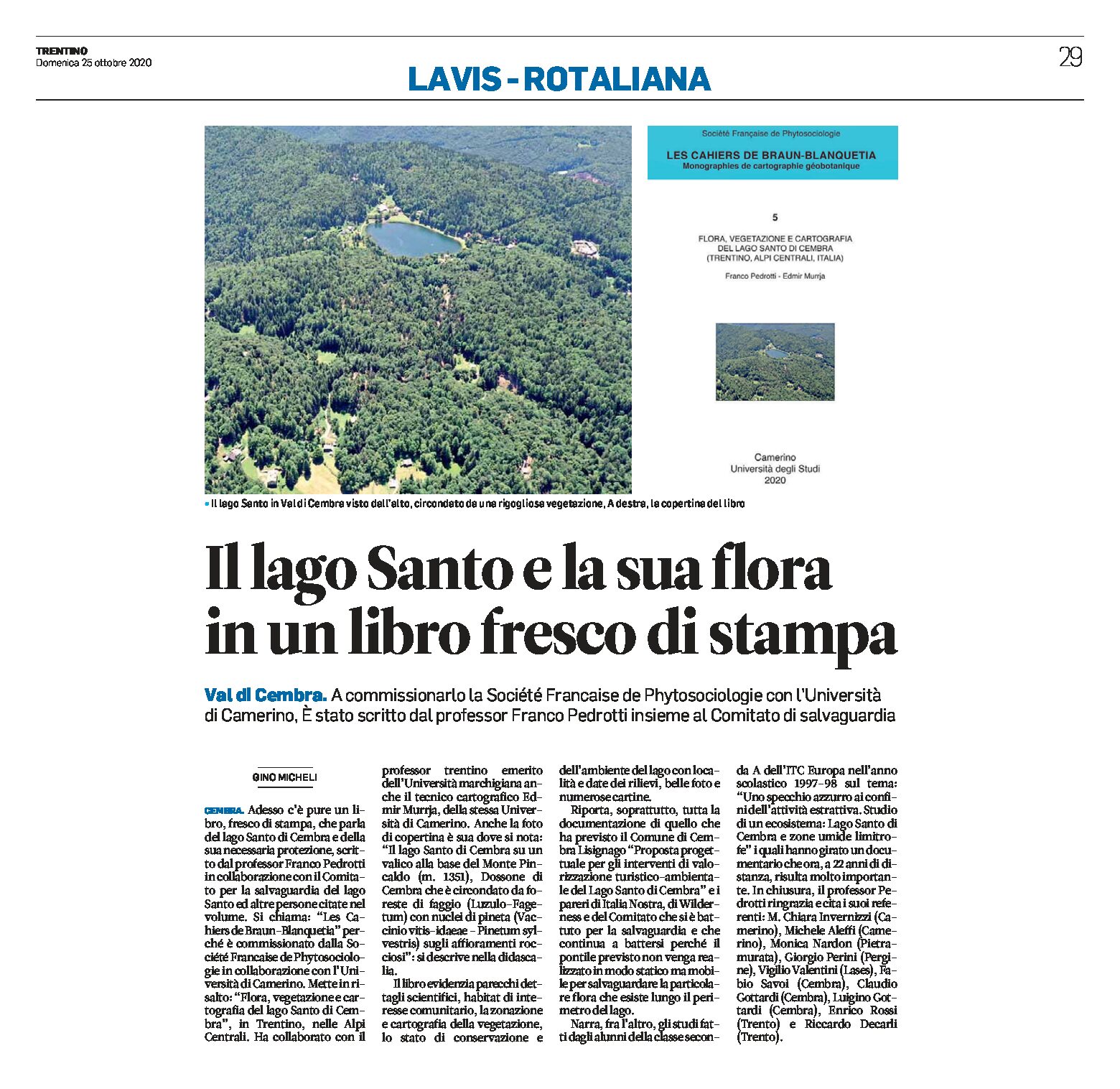Val di Cembra: il lago Santo e la sua flora vegetazione e cartografia, in un libro del professor Pedrotti