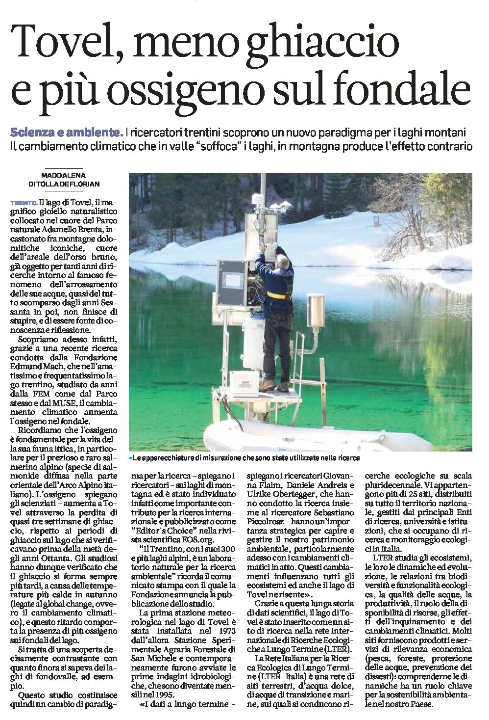 Lago di Tovel: meno ghiaccio e più ossigeno sul fondale. Nuovo paradigma per i laghi montani