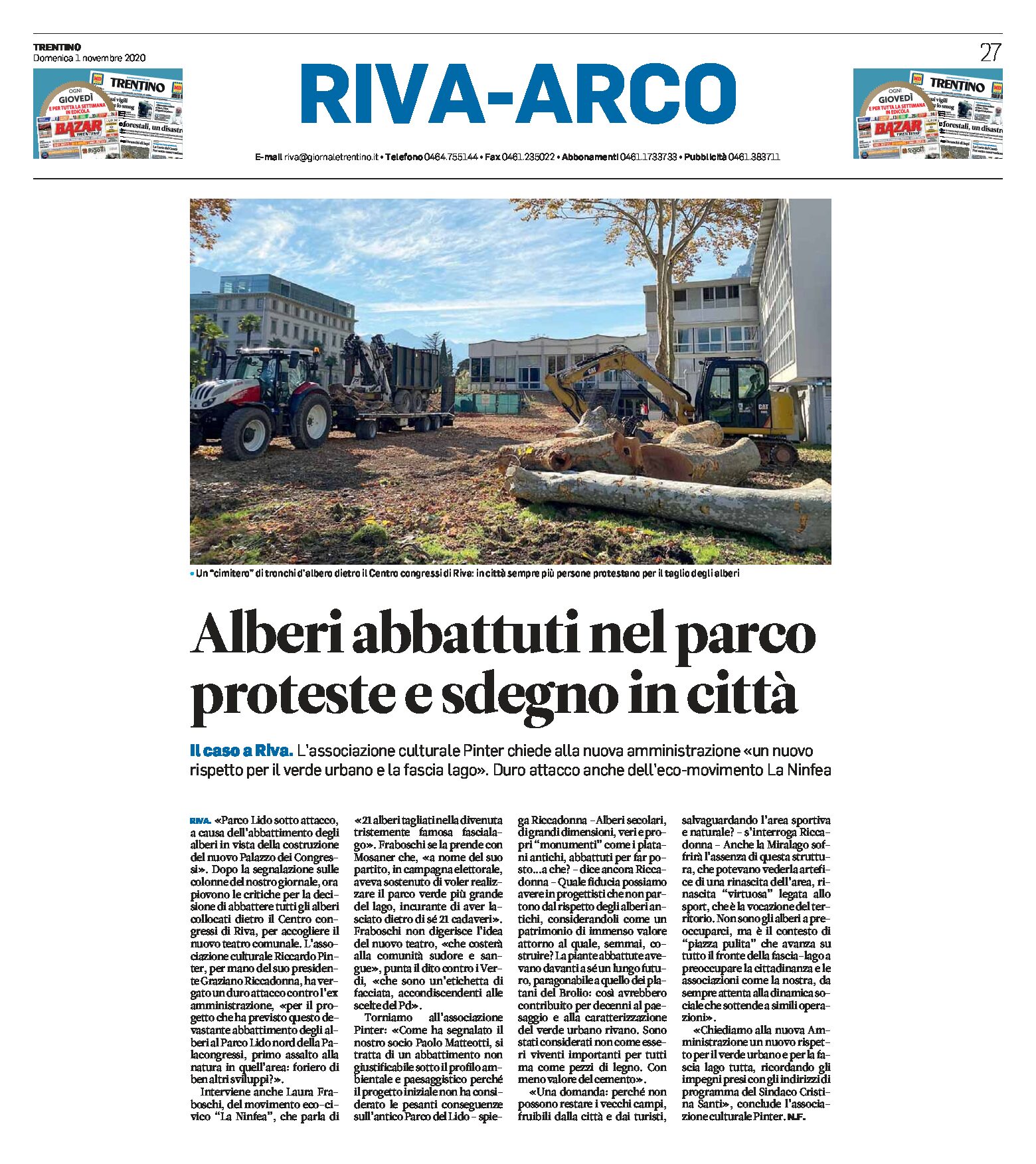Riva: alberi abbattuti nel Parco Lido, proteste e sdegno in città