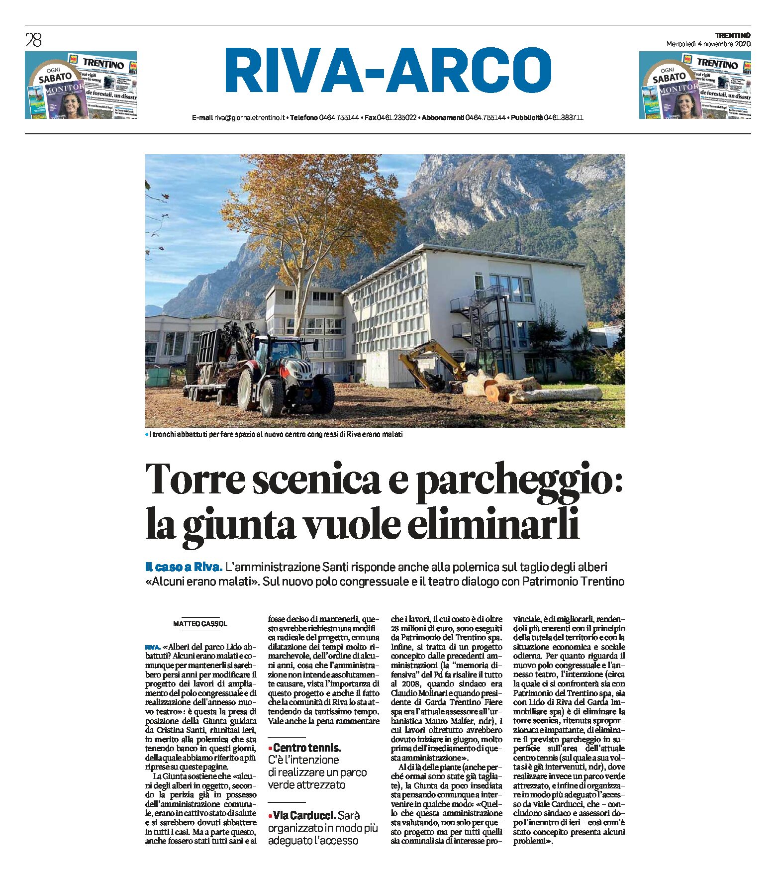 Riva: l’amministrazione Santi risponde su taglio degli alberi, torre scenica e parcheggio