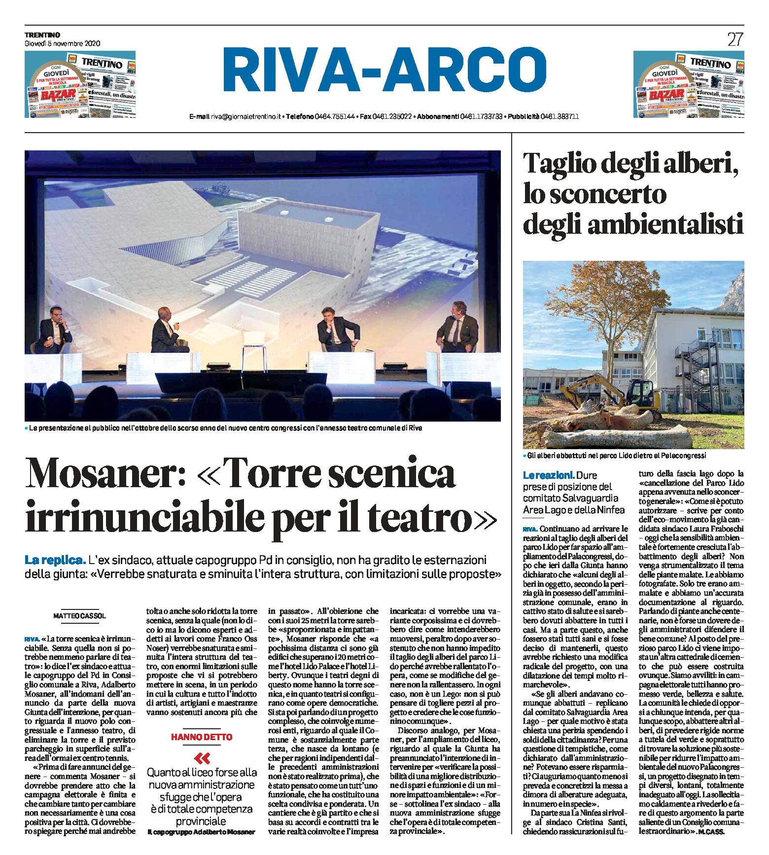 Riva: Mosaner “torre scenica irrinunciabile per il teatro”. Taglio degli alberi, sconcerto degli ambientalisti