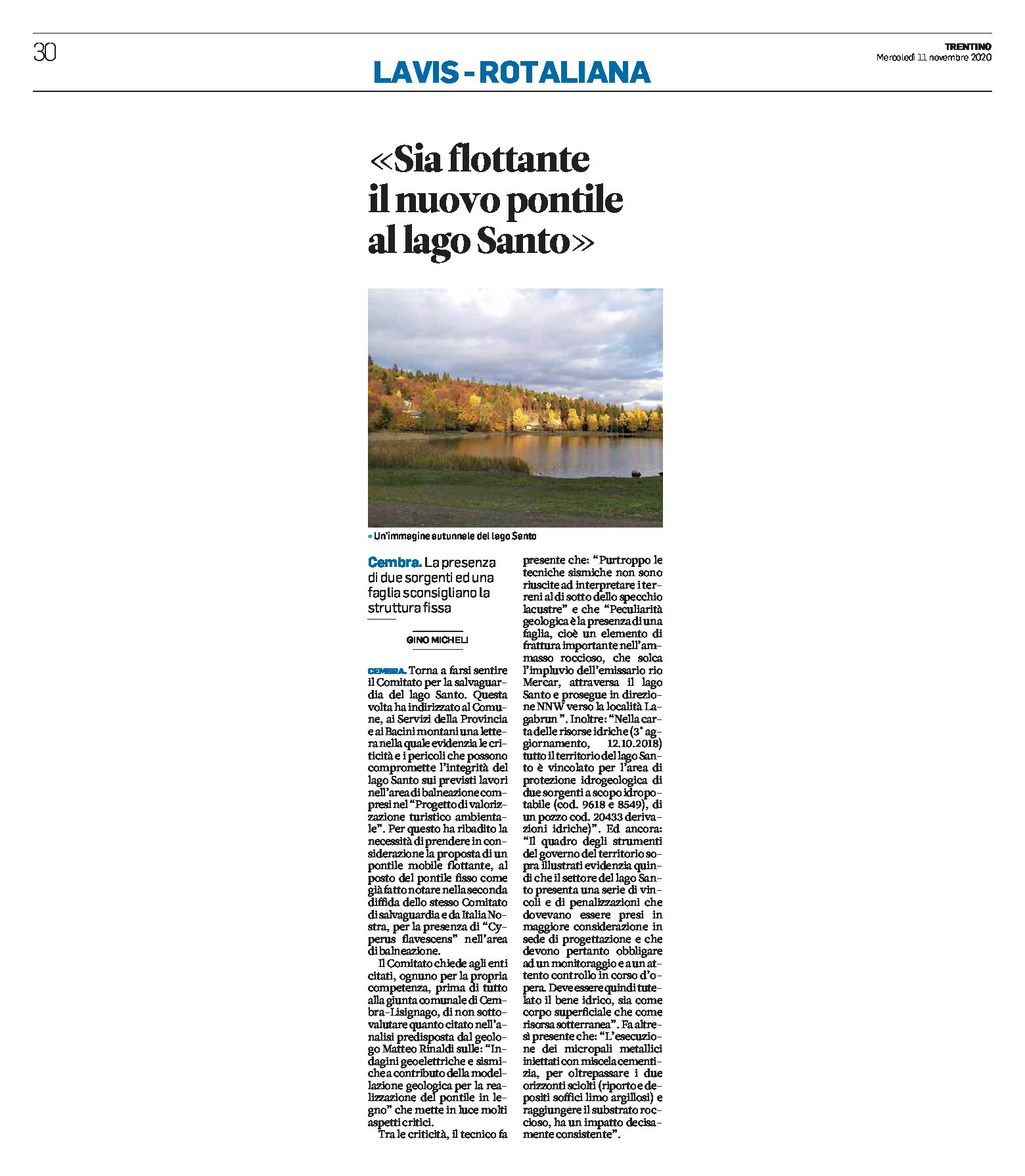 Cembra, lago Santo: il Comitato “sia flottante il nuovo pontile”