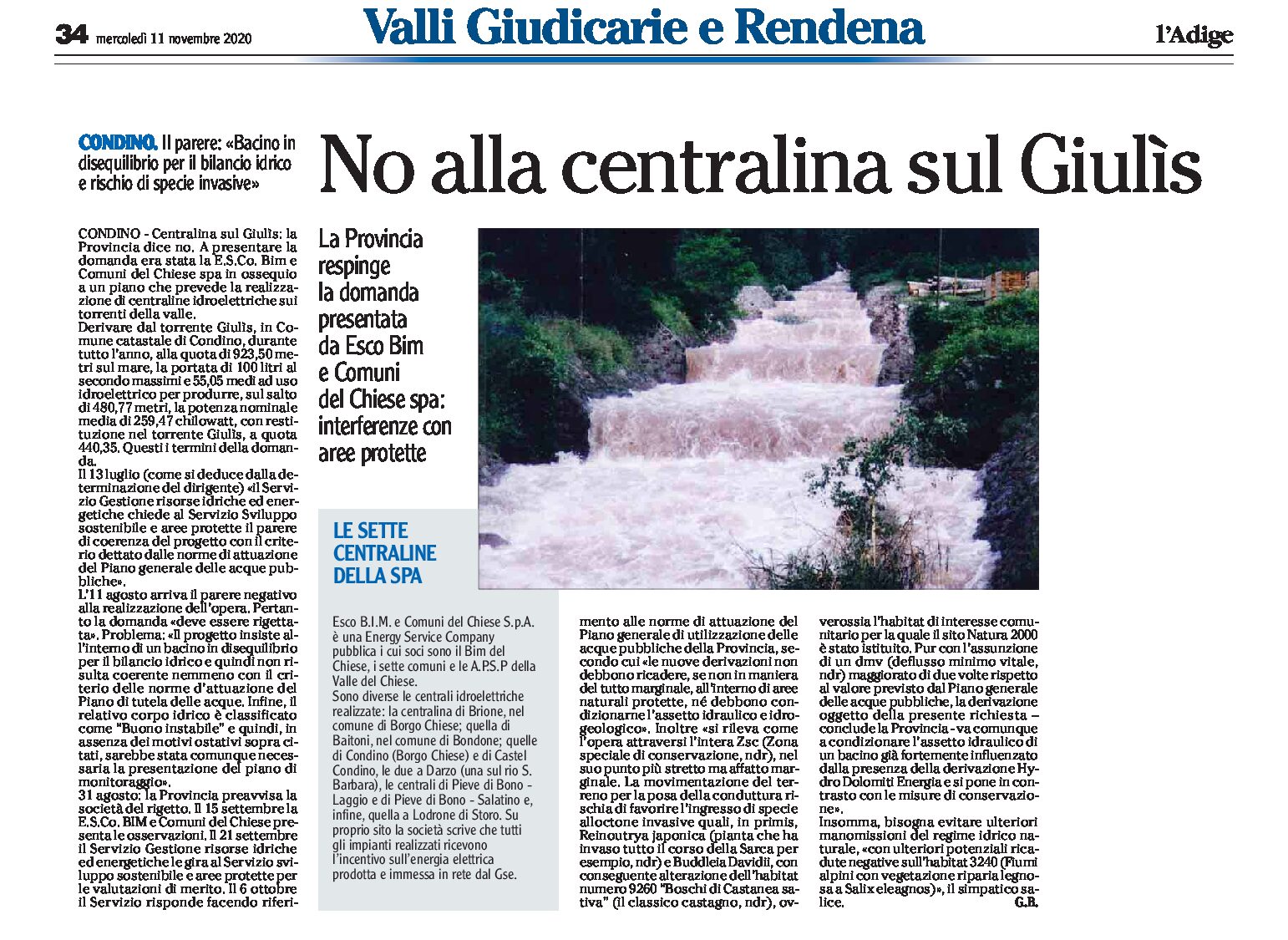 Condino: no alla centralina sul Giulìs. Provincia, interferenze con aree protette