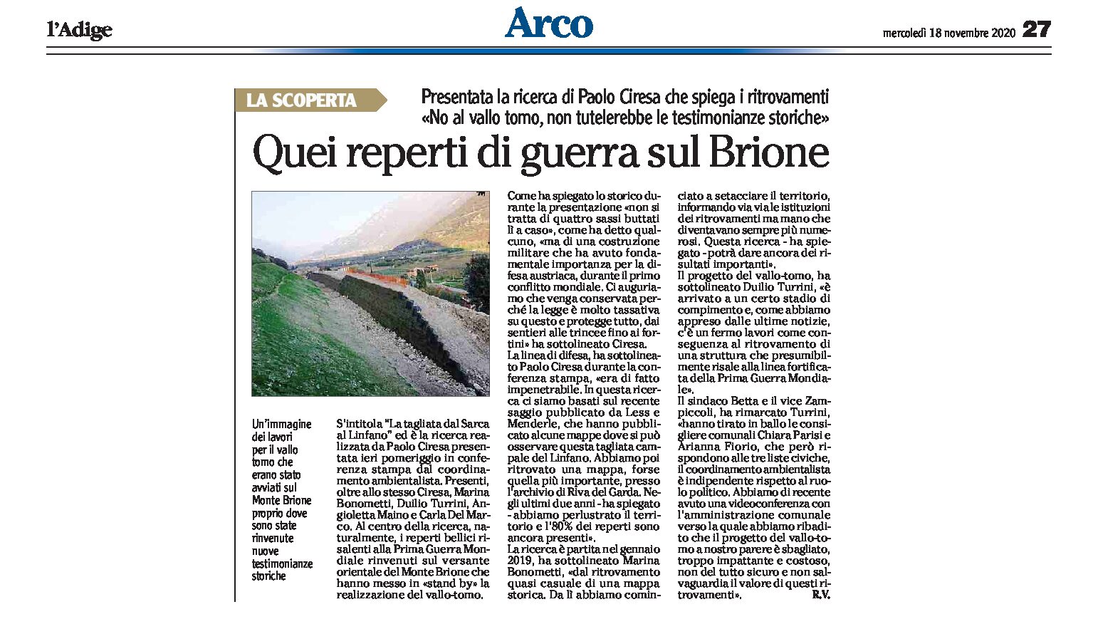Arco, vallo tomo: presentata la ricerca dello storico Ciresa sui reperti di guerra sul Brione