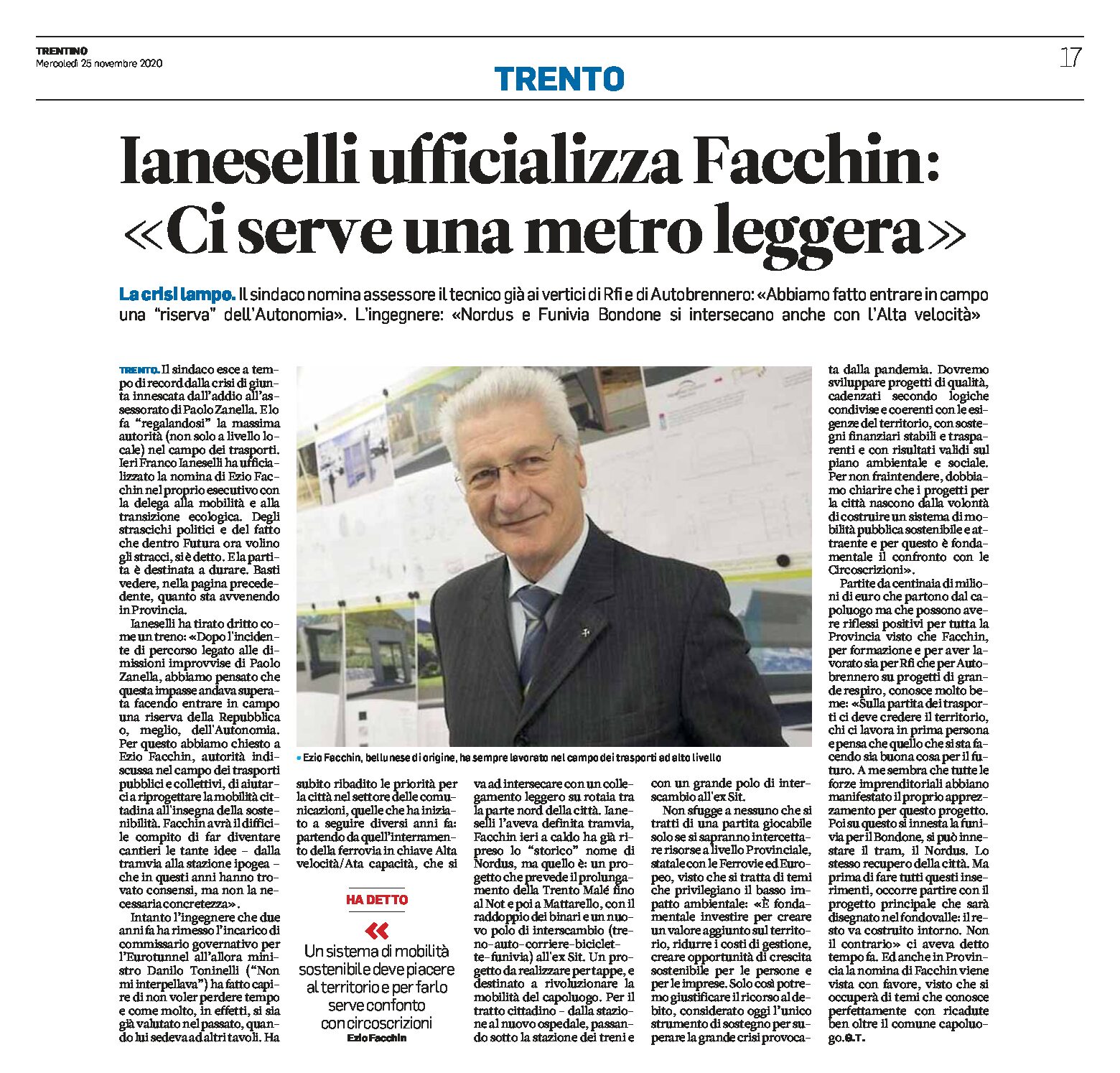 Trento: Ianeselli ufficializza Facchin “ci serve una metro leggera”