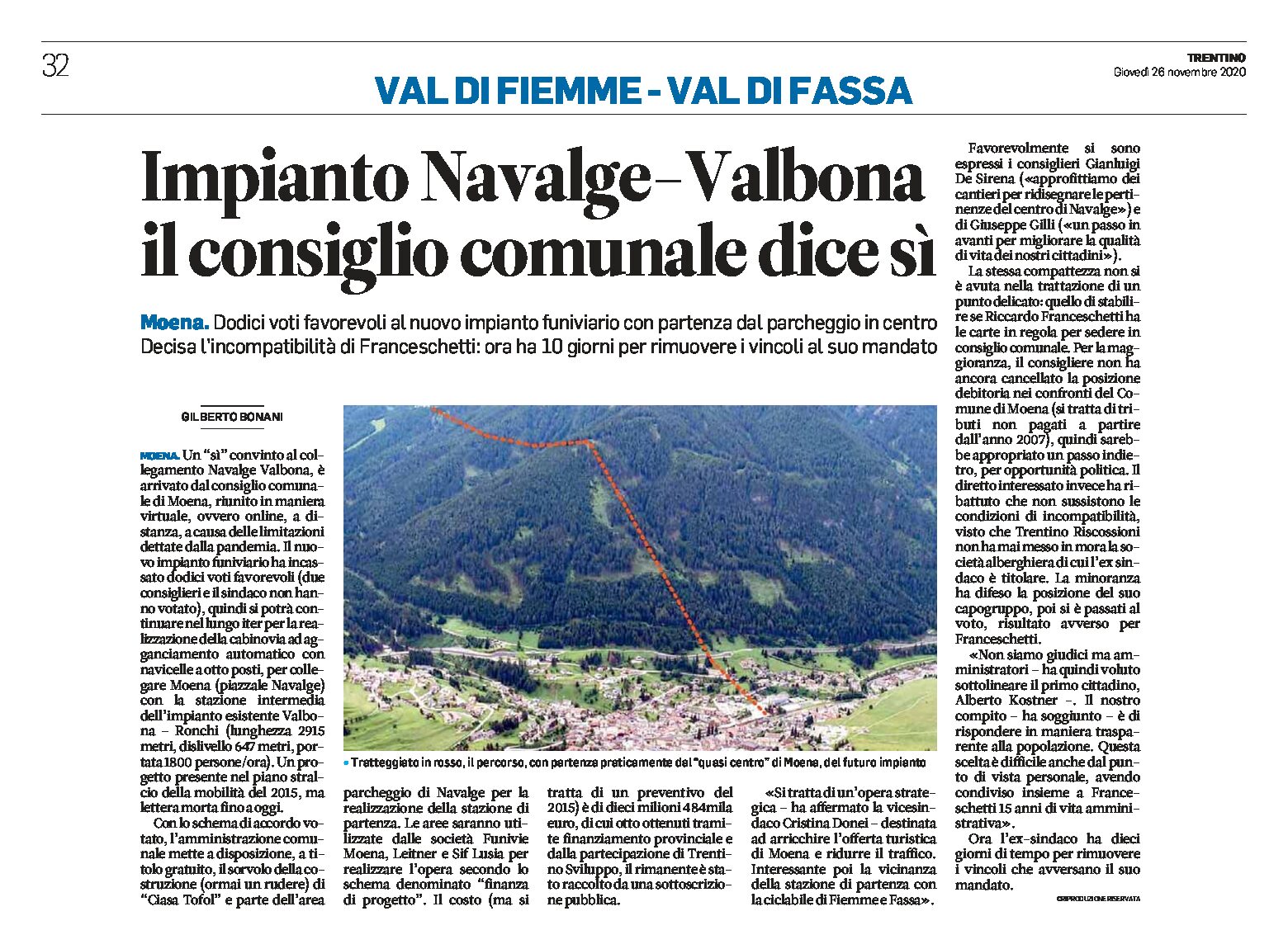 Moena: impianto funiviario Navalge-Valbona, il consiglio comunale dice sì