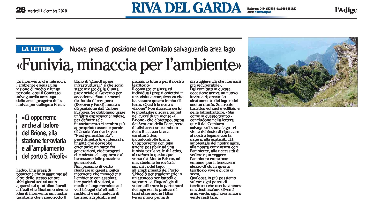 Funivia Riva-Ledro: per il Comitato salvaguardia area lago “un intervento che minaccia l’ambiente”