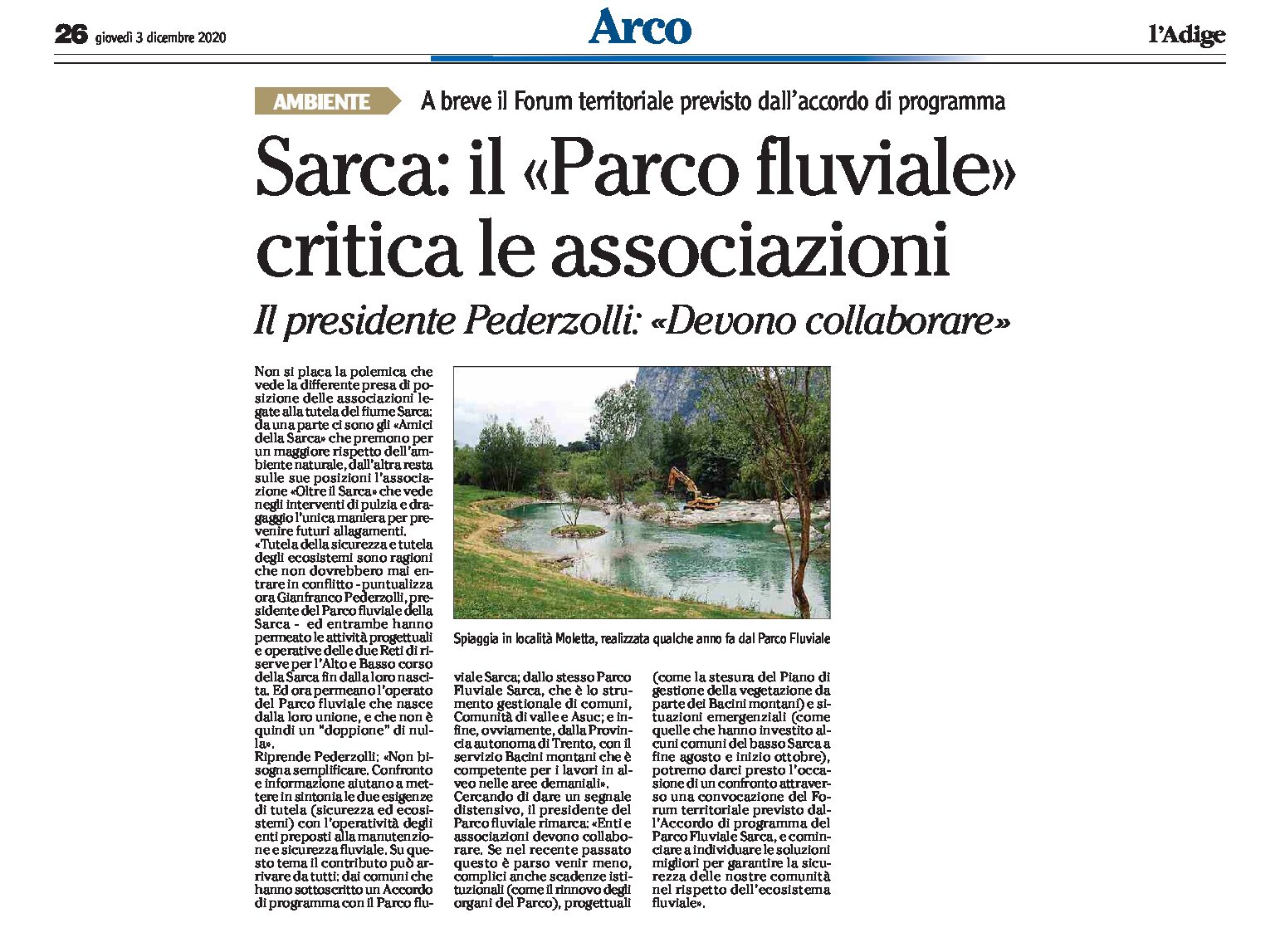 Sarca: il “Parco fluviale” critica le associazioni. Il presidente Pederzolli “devono collaborare”