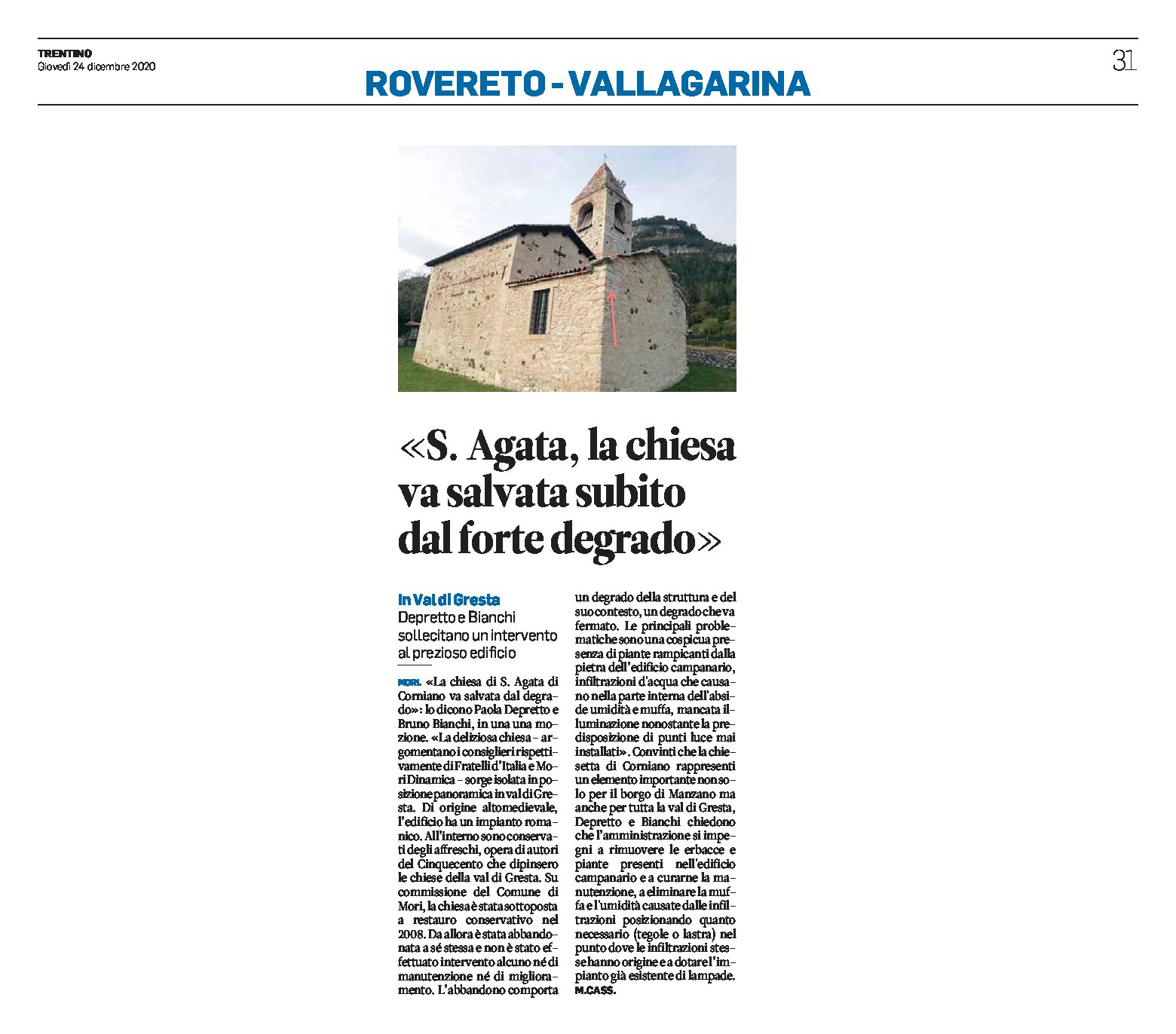 Val di Gresta: la chiesa di S. Agata di Corniano va salvata subito dal forte degrado