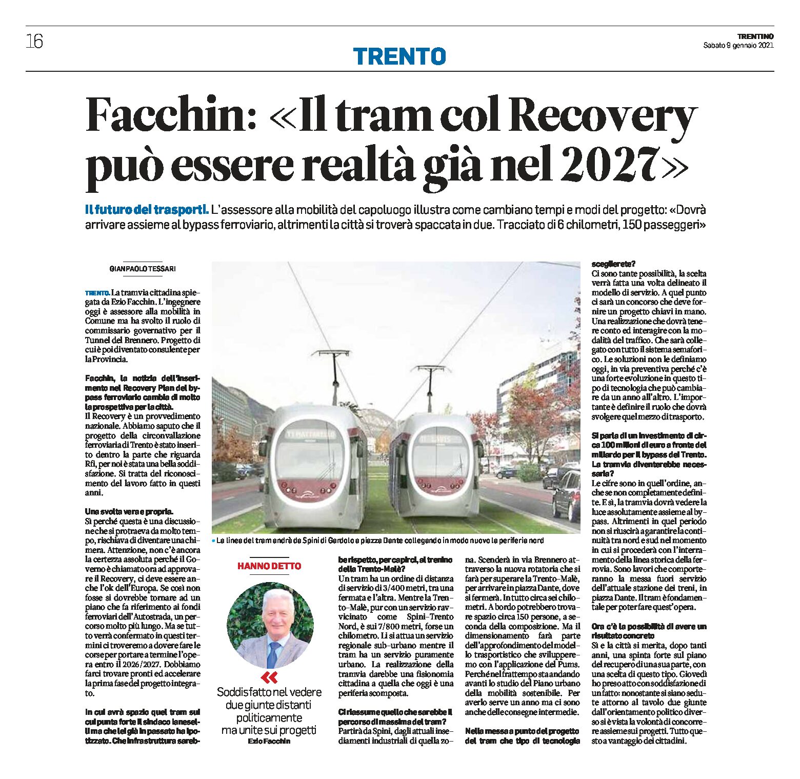 Trento: intervista a Facchin. Il tram col Recovery può essere realtà già nel 2027