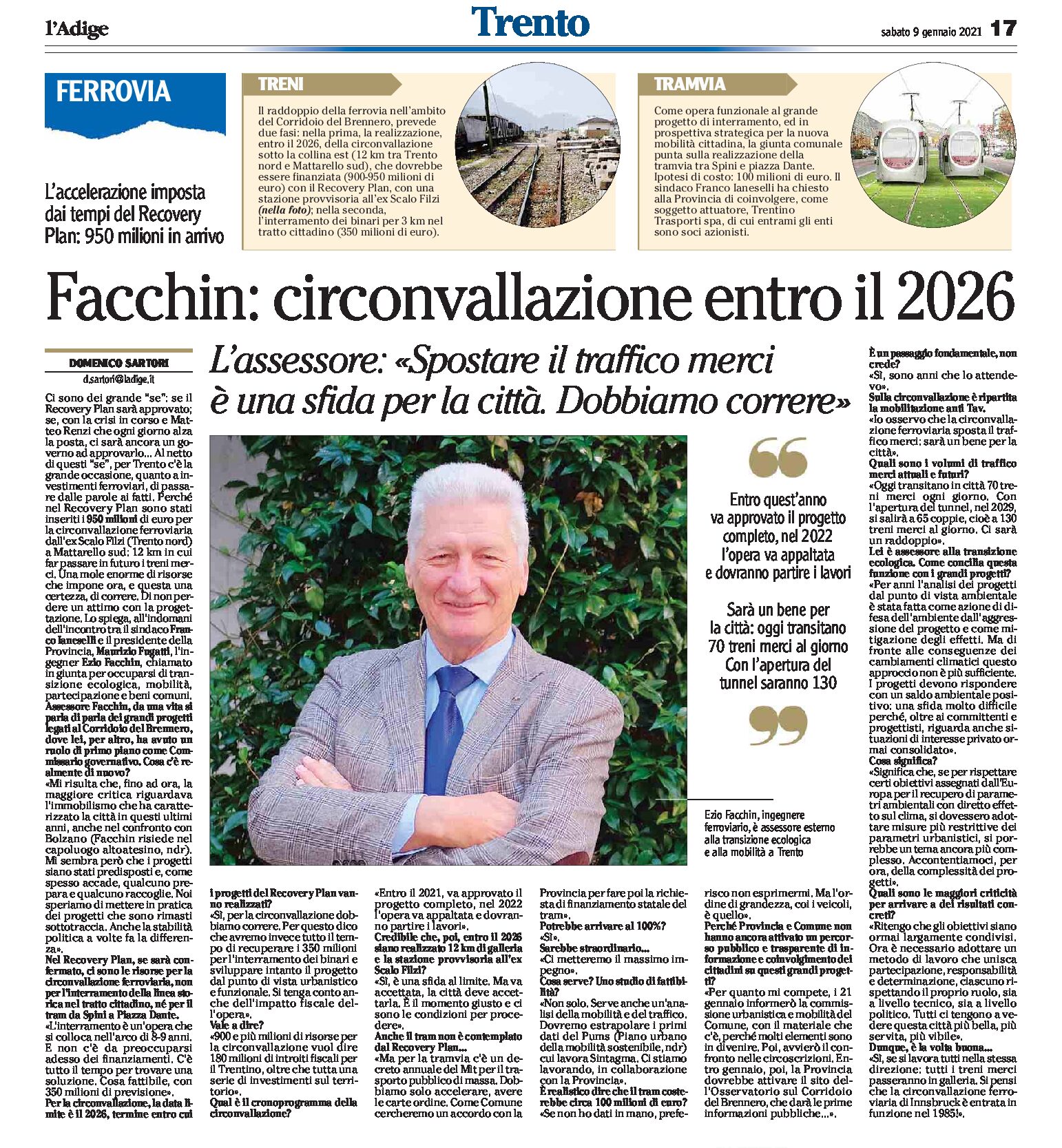 Trento: intervista a Facchin, circonvallazione entro il 2026