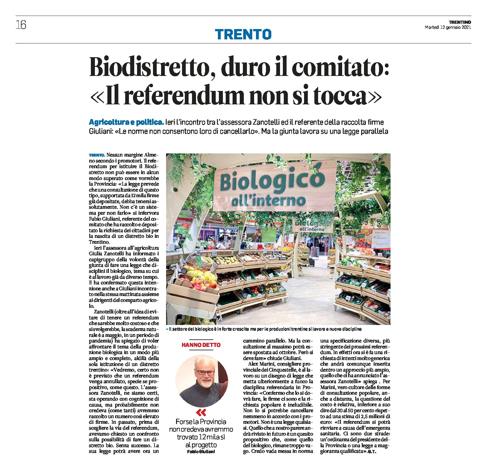 Trentino, biodistretto: duro il comitato “il referendum non si tocca”