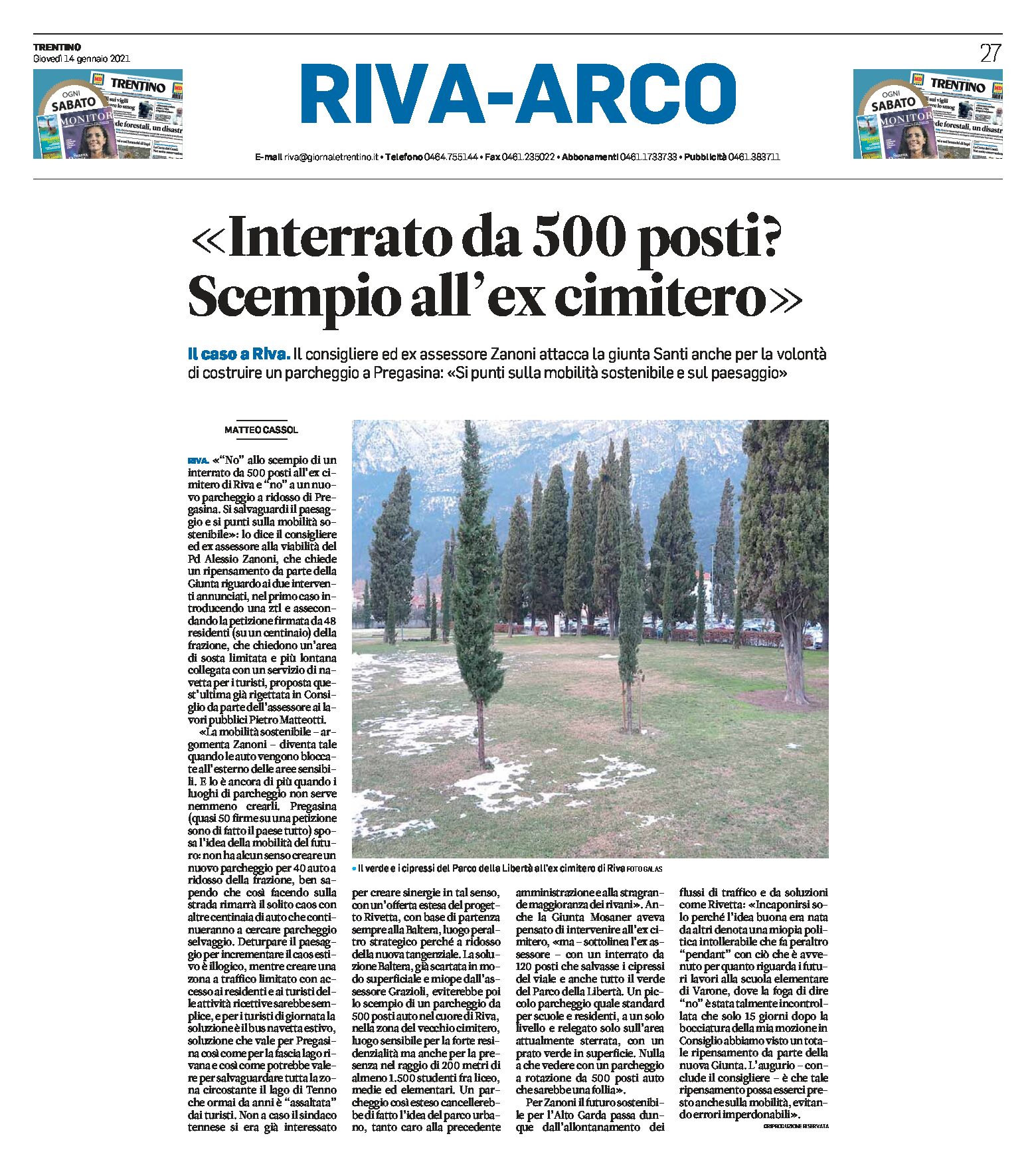 Riva: “no” al parcheggio interrato all’ex cimitero e “no” al nuovo parcheggio a Pregasina