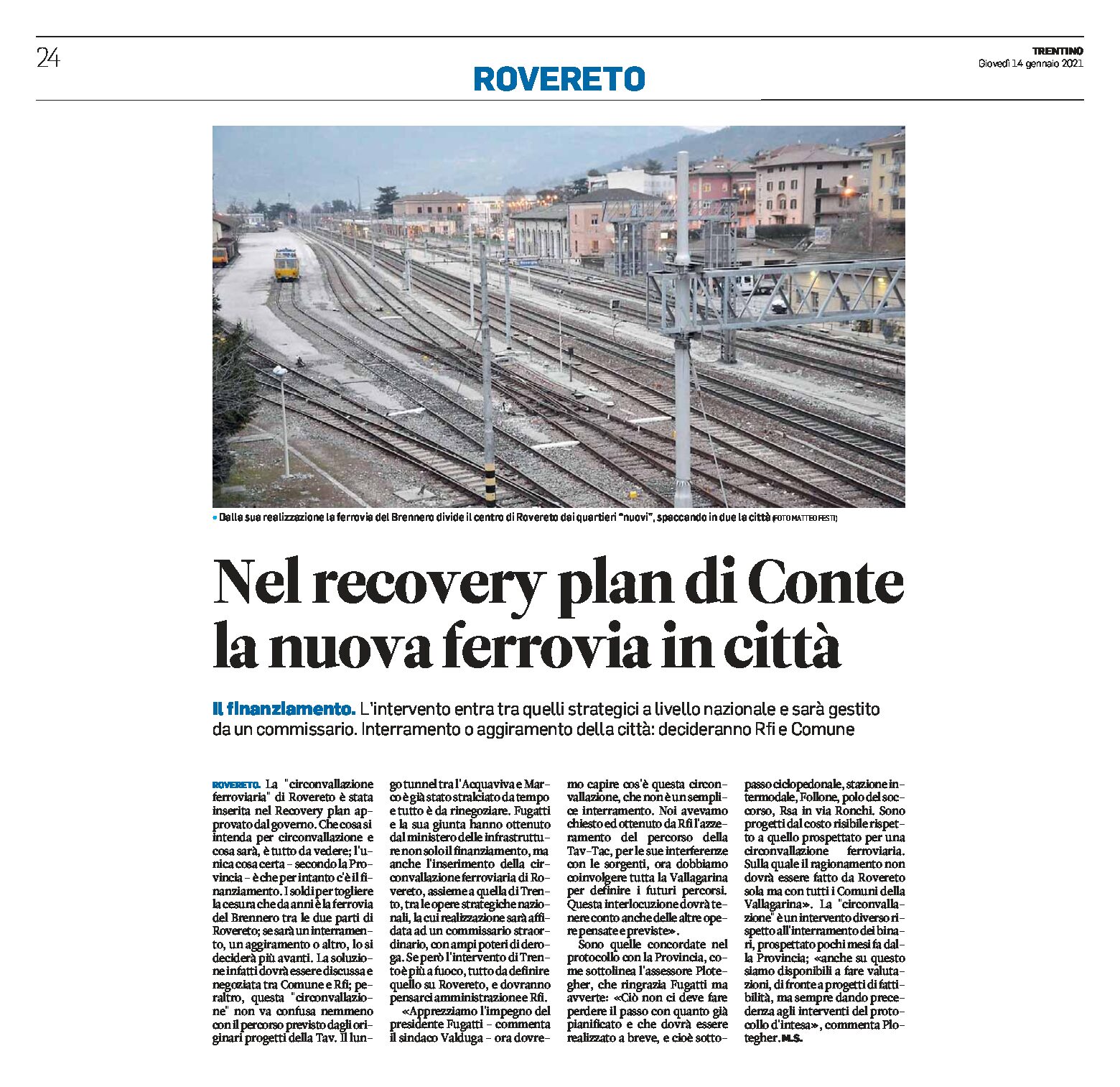 Trento: nel recovery plan di Conte, la nuova ferrovia in città