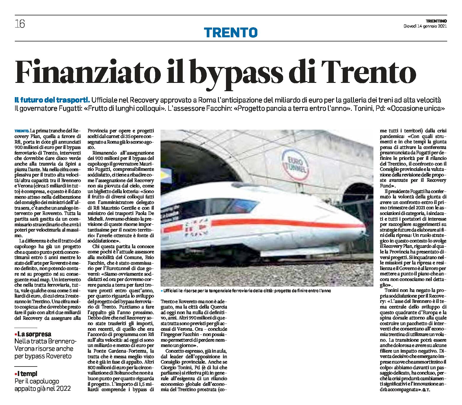 Trasporti: finanziato il bypass ferroviario di Trento