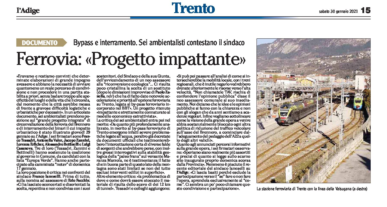 Trento, interramento: 6 ambientalisti contestano il sindaco, “progetto impattante”