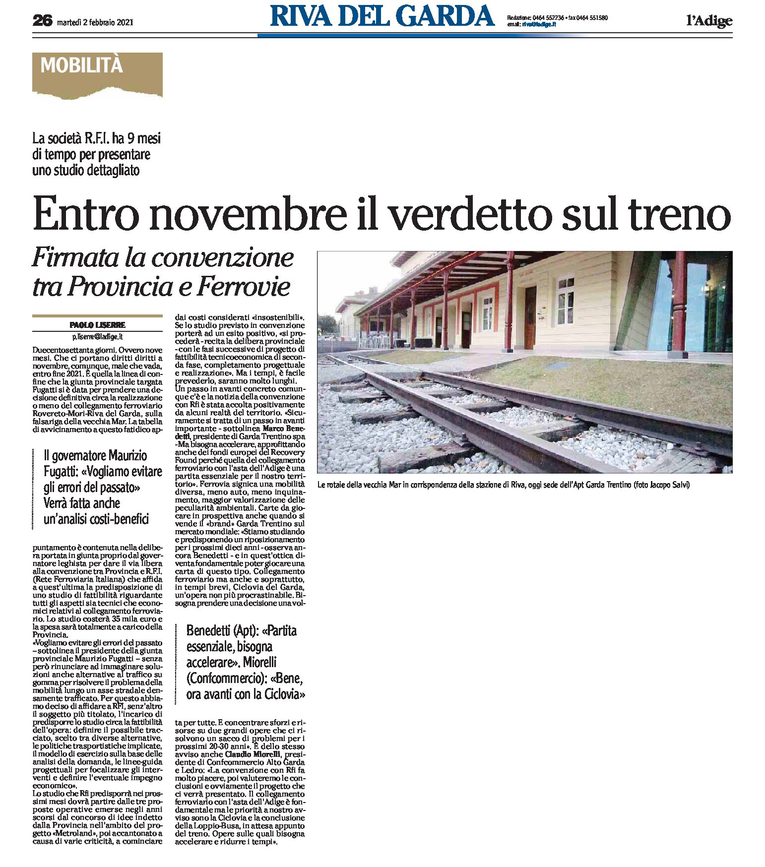 Rovereto-Riva: firmata convenzione tra Provincia e Ferrovie. 9 mesi di tempo per uno studio dettagliato sul collegamento ferroviario