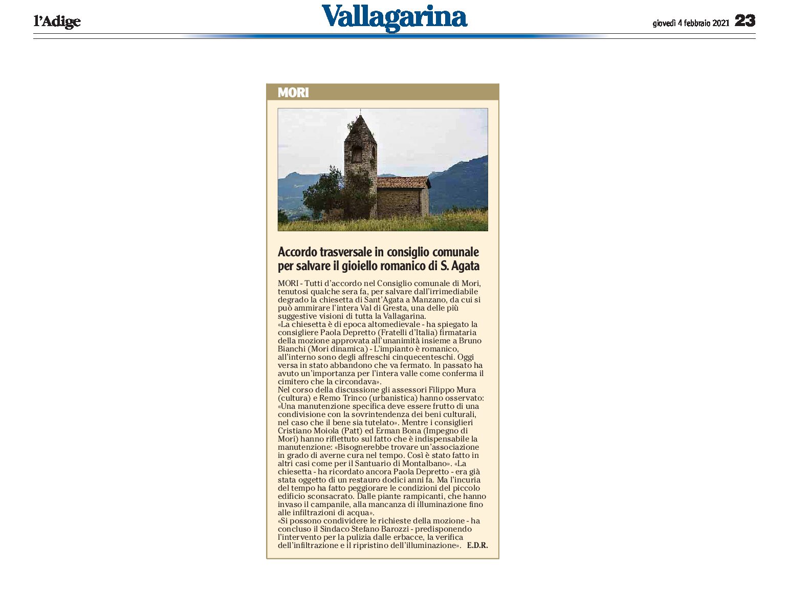Mori: accordo trasversale in consiglio comunale per salvare il gioiello romanico di Sant’Agata