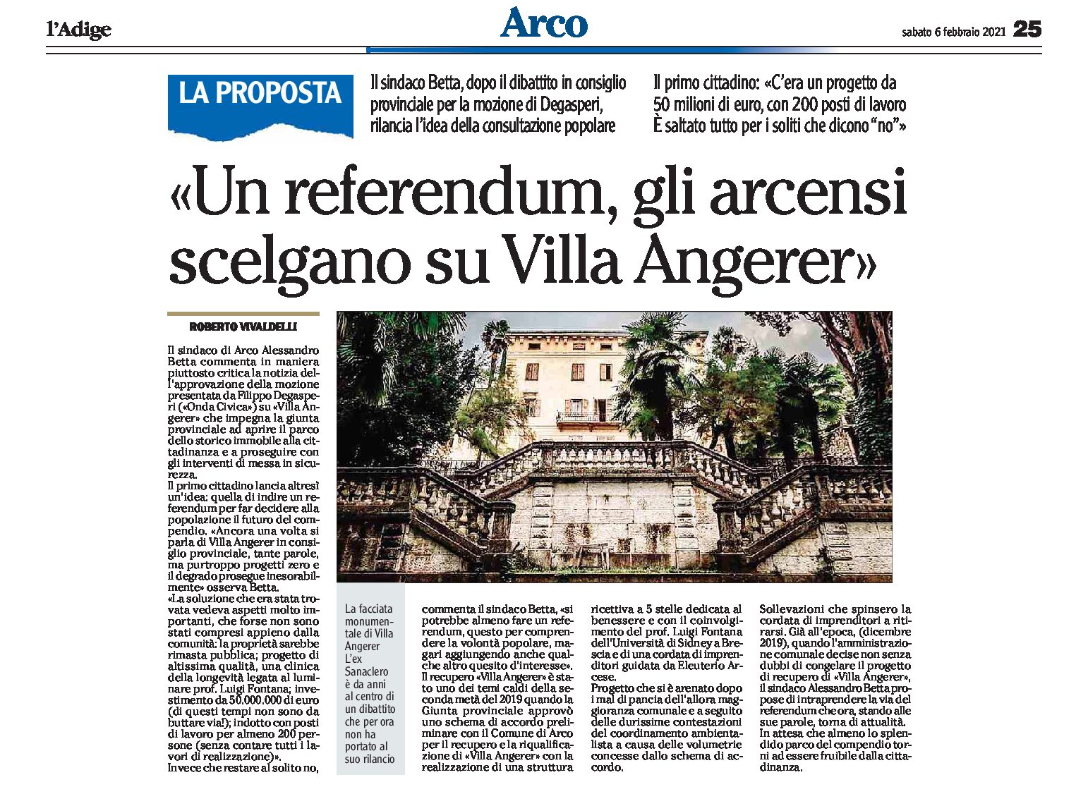 Arco: Betta “un referendum, gli arcensi scelgano su Villa Angerer”