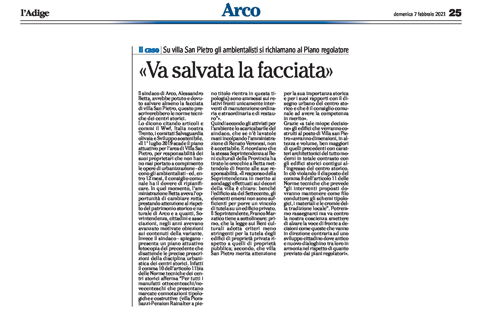 Arco, Villa San Pietro: gli ambientalisti si richiamano al Piano regolatore “va salvata la facciata”