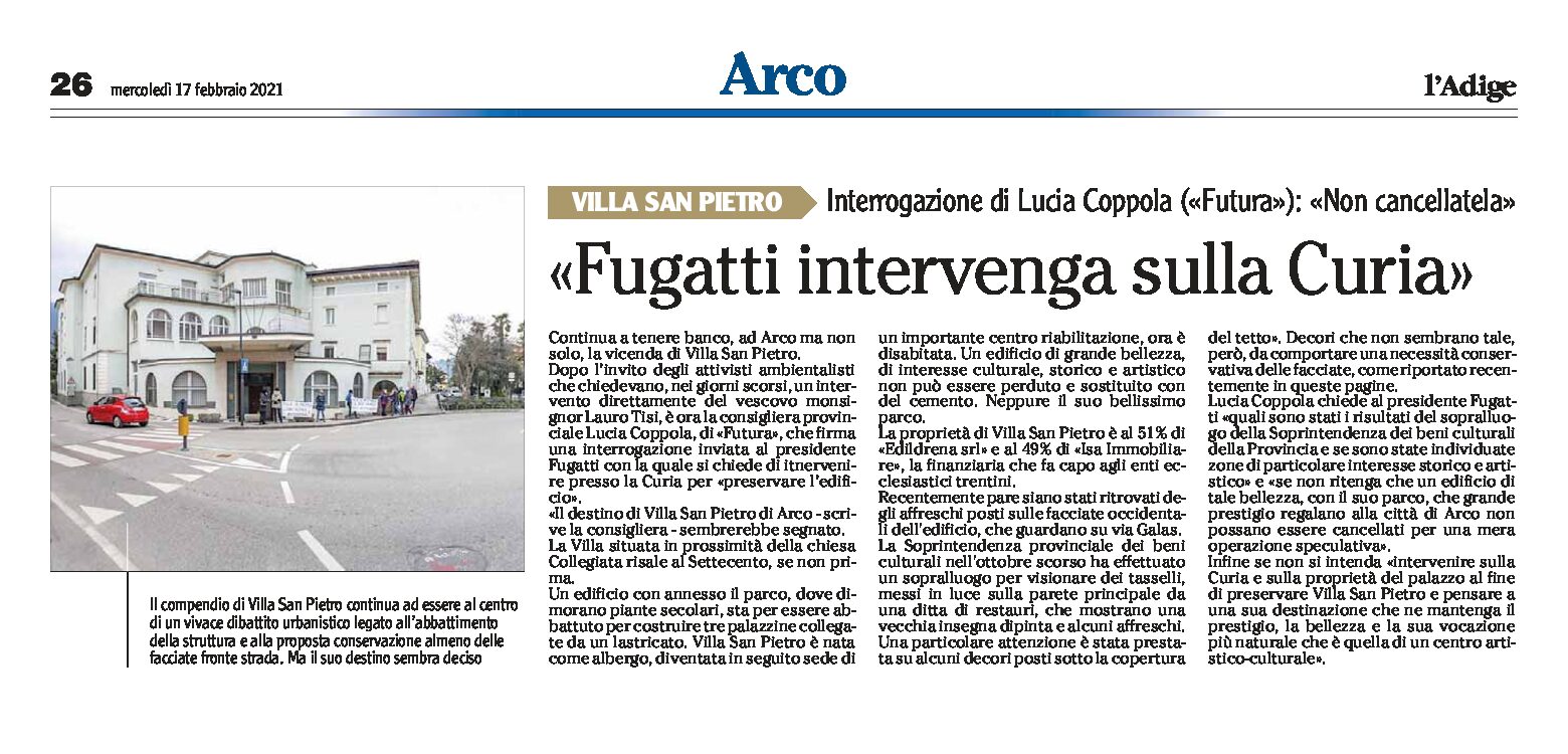 Arco, villa San Pietro: “non cancellatela, Fugatti intervenga sulla Curia”, interrogazione di Lucia Coppola
