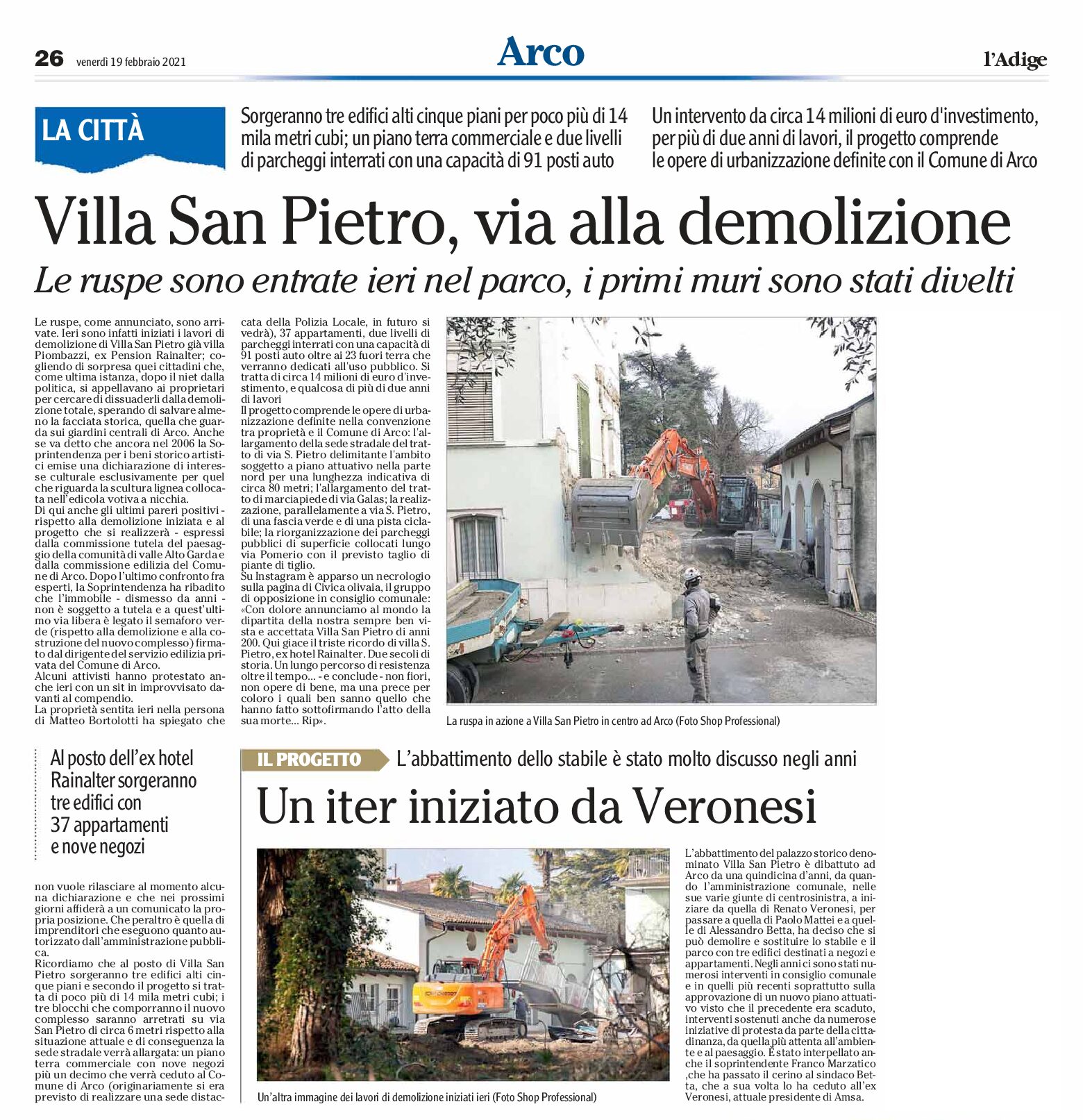 Arco, villa San Pietro: iniziata la demolizione