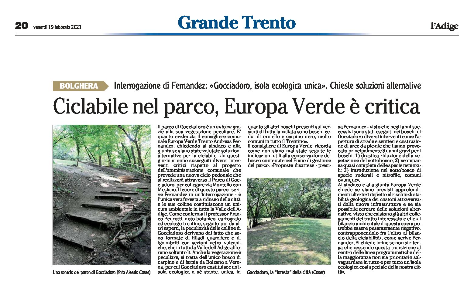 Trento, Gocciadoro: ciclabile nel parco, critica Europa Verde “isola ecologica unica”