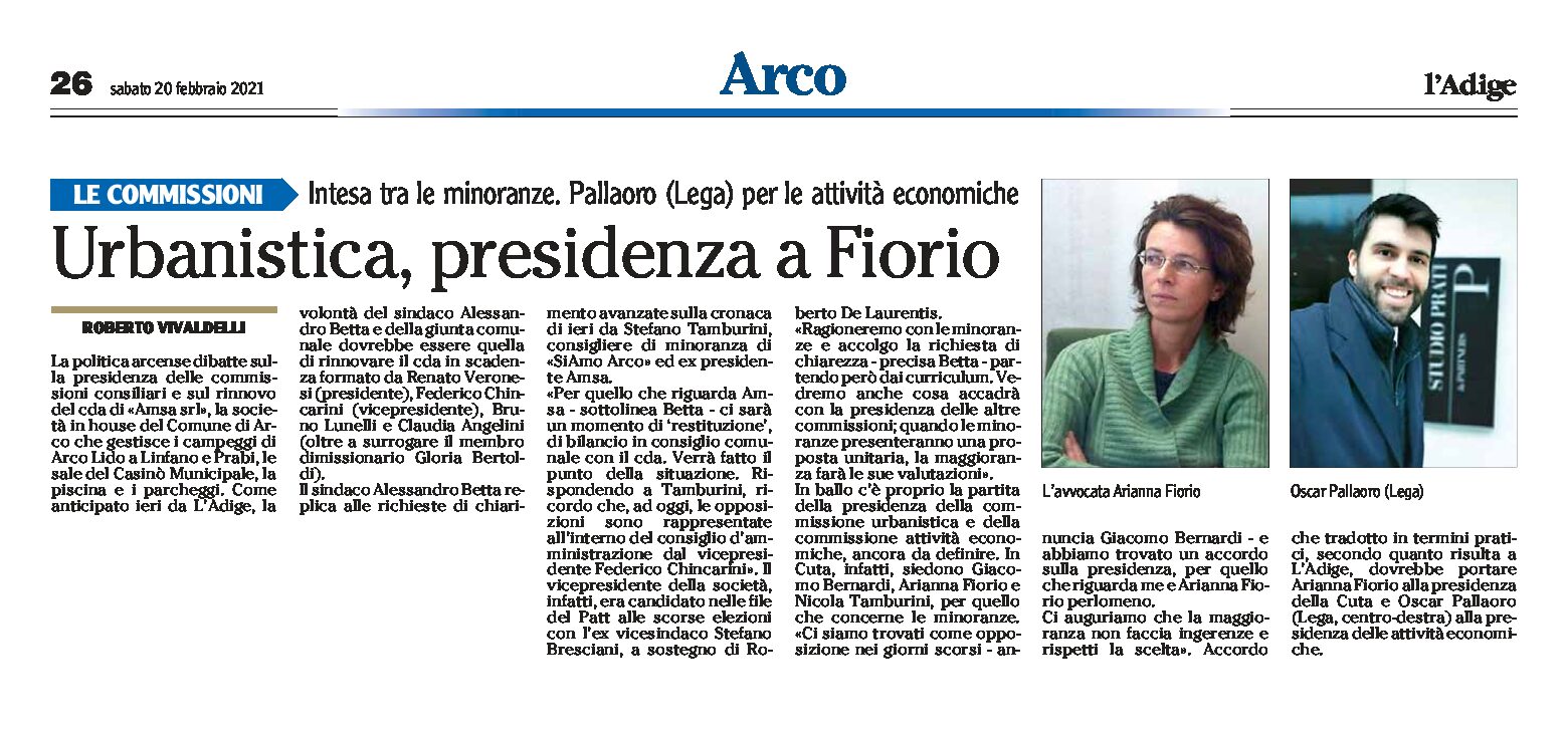 Arco, le commissioni: Urbanistica, presidenza a Fiorio