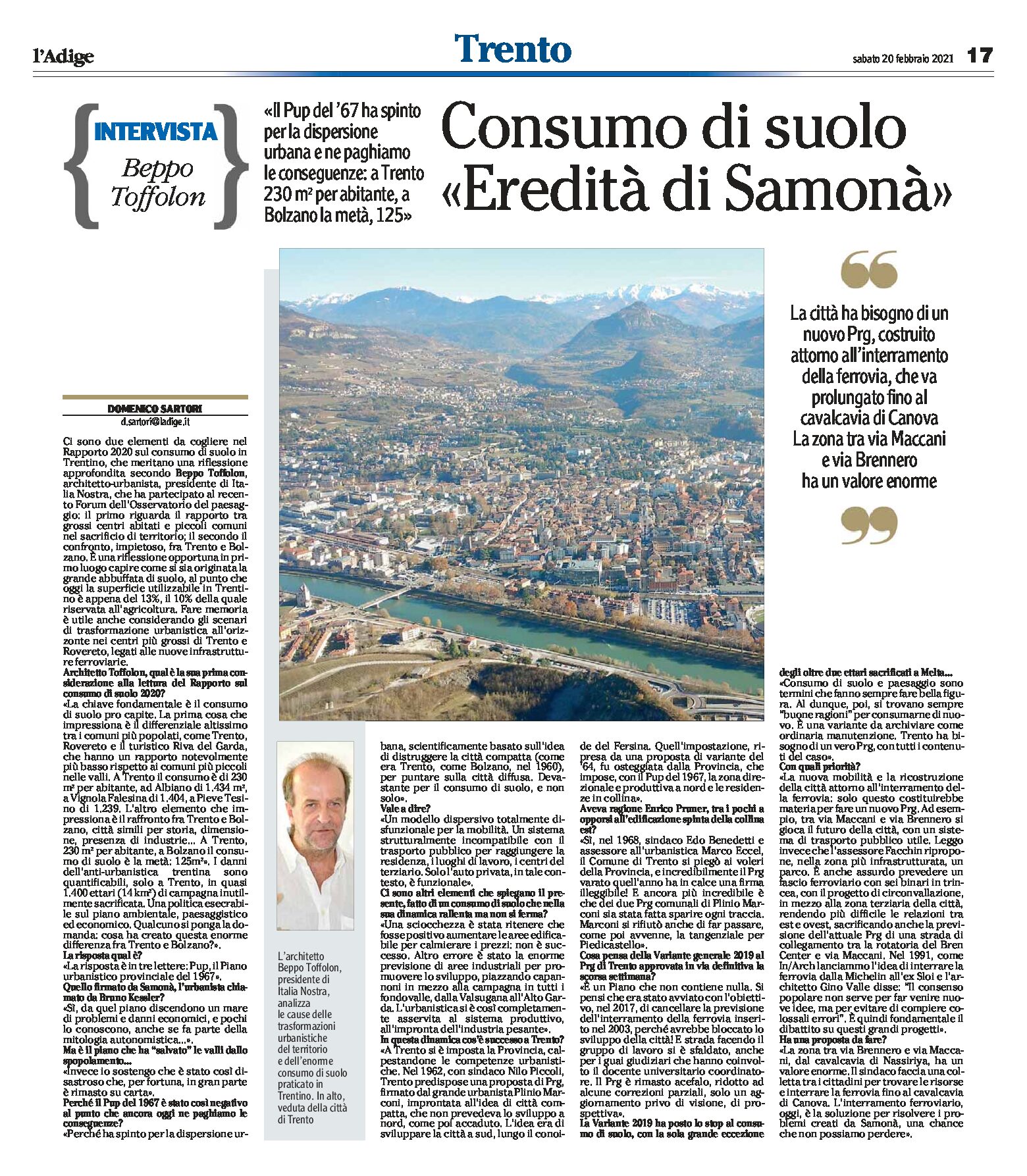 Trento: Rapporto 2020 sul consumo di suolo “eredità di Samonà”. Intervista a Toffolon