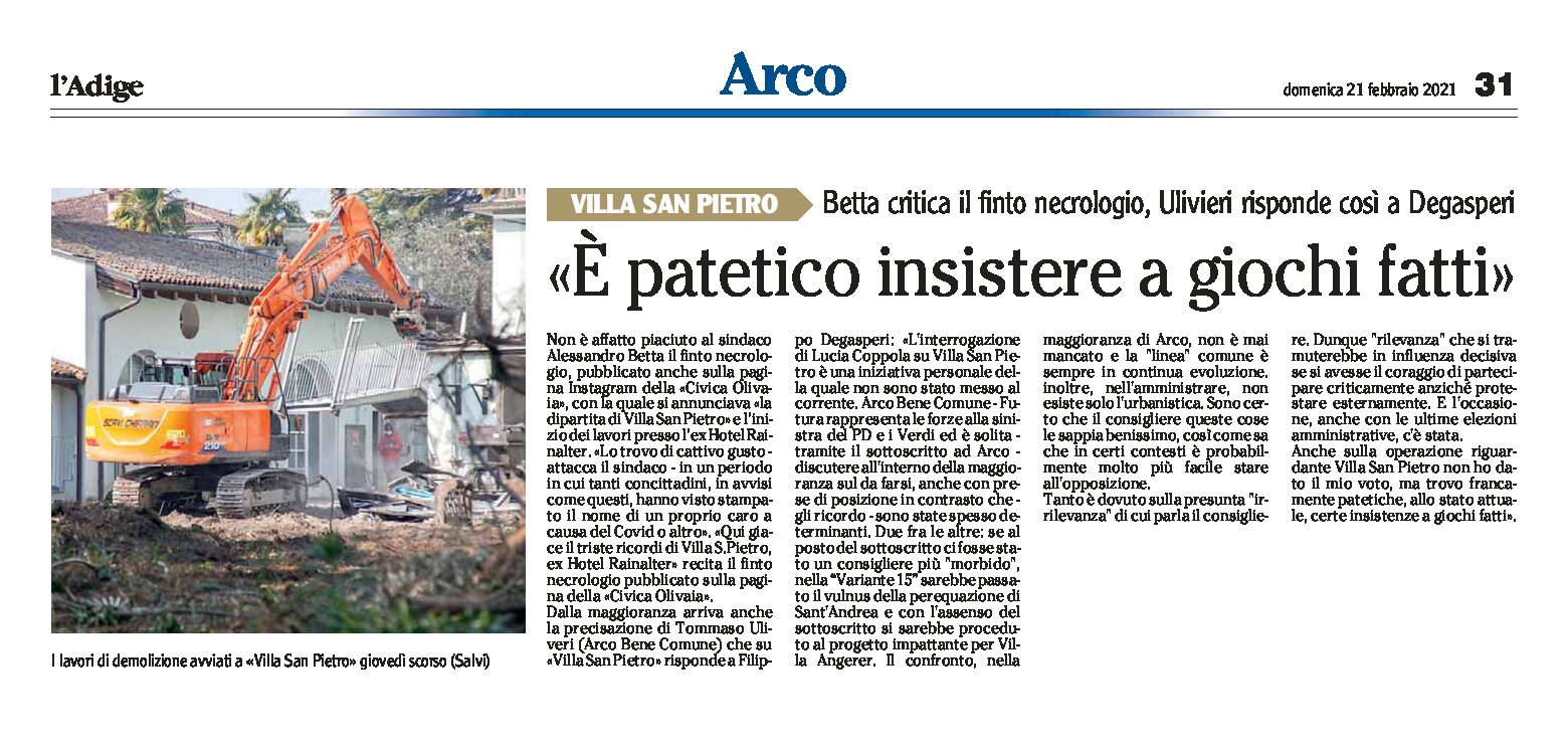Arco, villa San Pietro: Ulivieri “è patetico insistere a giochi fatti”