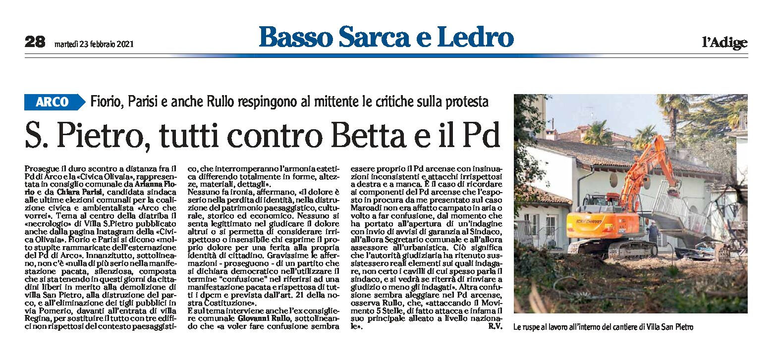 Arco, villa San Pietro: tutti contro Betta e il Pd. Respinte al mittente le critiche sulla protesta