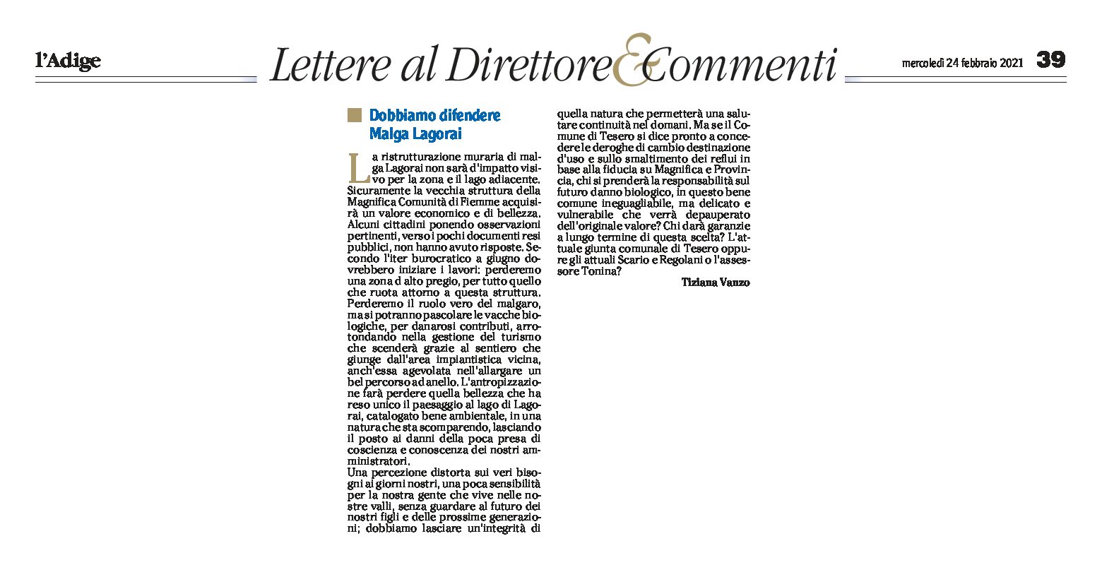 Dobbiamo difendere Malga Lagorai, lettera di Tiziana Vanzo