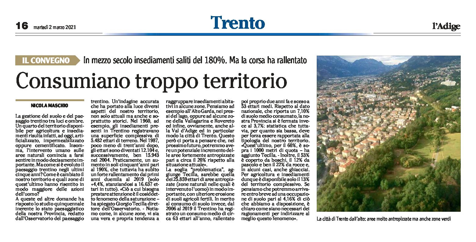 Trentino: dall’indagine dell’Osservatorio del paesaggio “consumiamo troppo territorio”