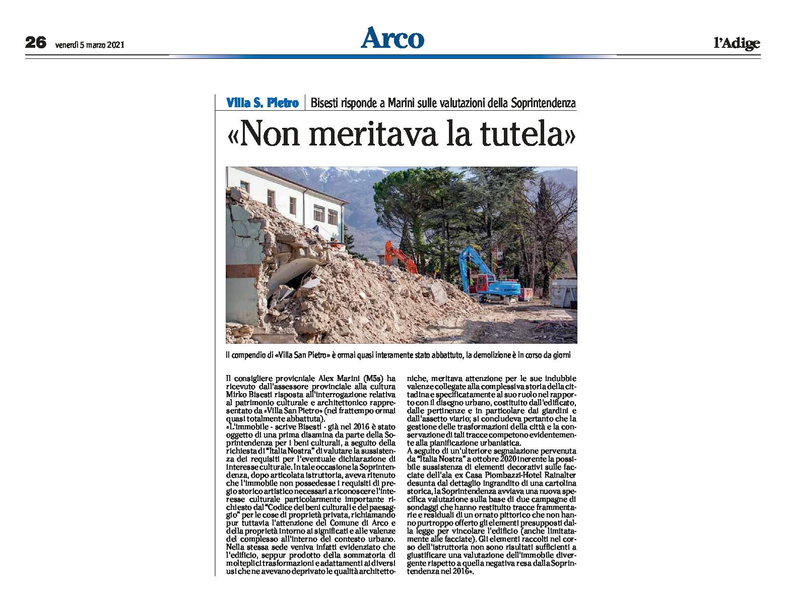 Arco: Bisesti risponde a Marini “villa San Pietro non meritava la tutela”