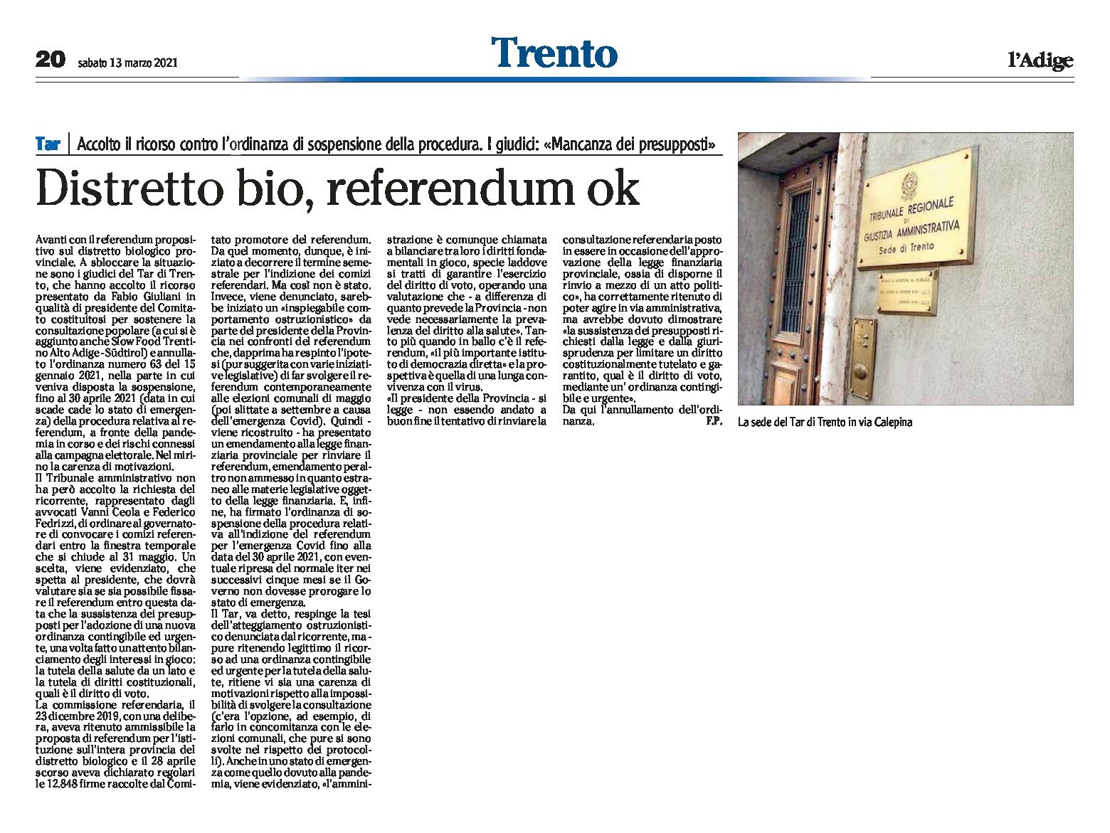 Trentino: distretto bio, referendum ok